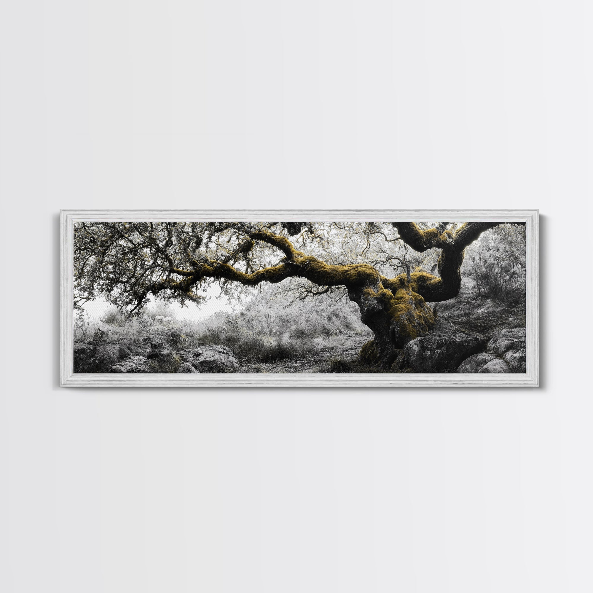 Twisted Oak, Mossy Branches, Forest Giant, Canvas Print, enchanted woodland art, fantasy living room decor, fairytale vibe