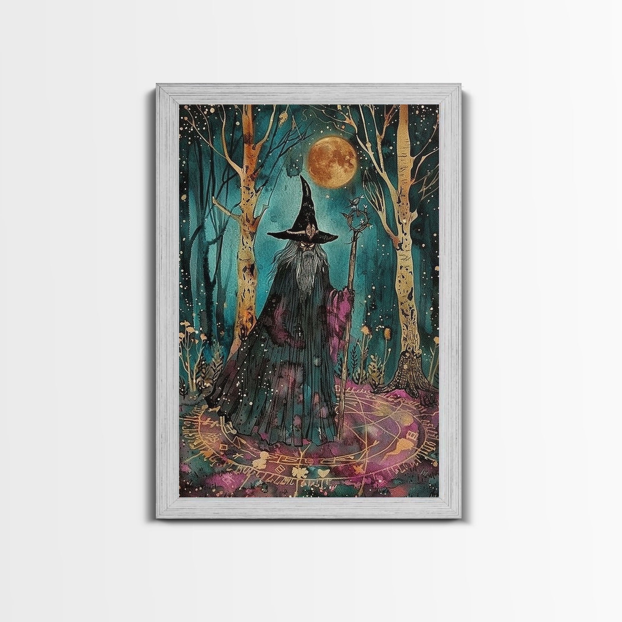 Halloween Wizard in Forest, Framed Canvas Print, Wall Art, Home Decor, Spooky Artwork, Magic Decor, Halloween Decor Painting, Holiday Decor | | Wiccan Center