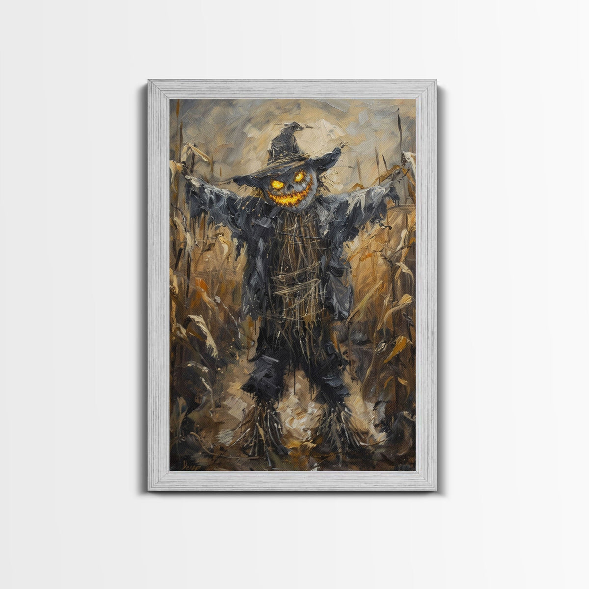 Sinister Scarecrow in Cornfield Framed Canvas Print | Halloween Horror Art | Spooky Farm Art | Creepy Scarecrow Art for Home Decoration | | Wiccan Center