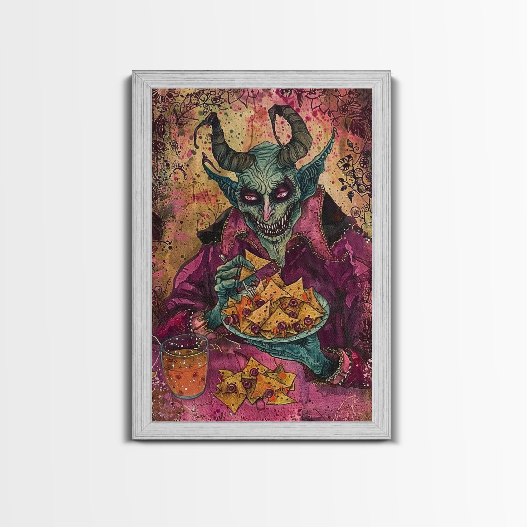 Spooky Demon Eating Chips Framed Canvas Print, Halloween Art, Unique Wall Art, Creepy Home Decor, Scary Art, Spooky Living Room Decor