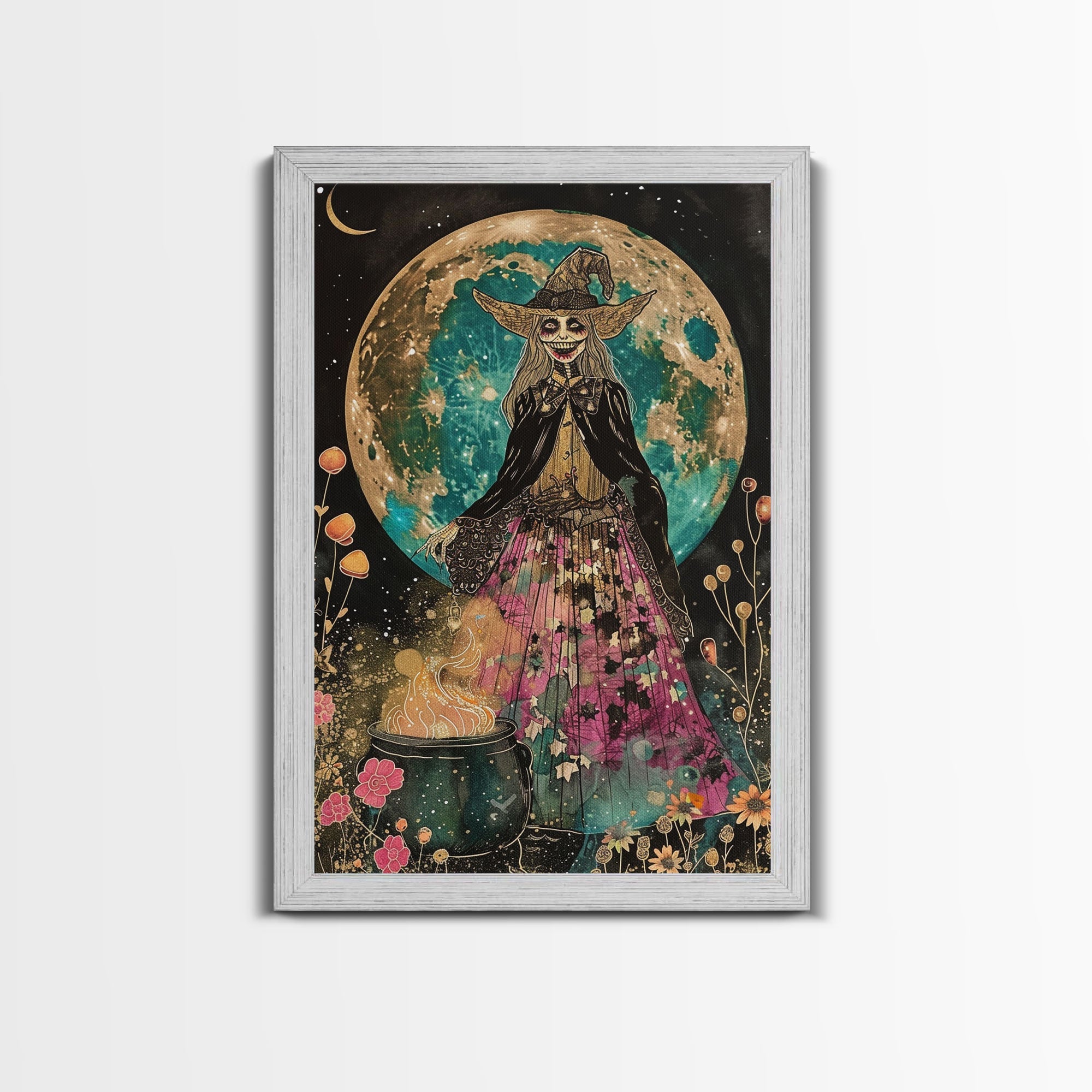Spooky Witch with Cauldron Under Full Moon Framed Canvas Print | Halloween Witch Art | Witch Decor for Home | Magical Halloween Artwork | | Wiccan Center