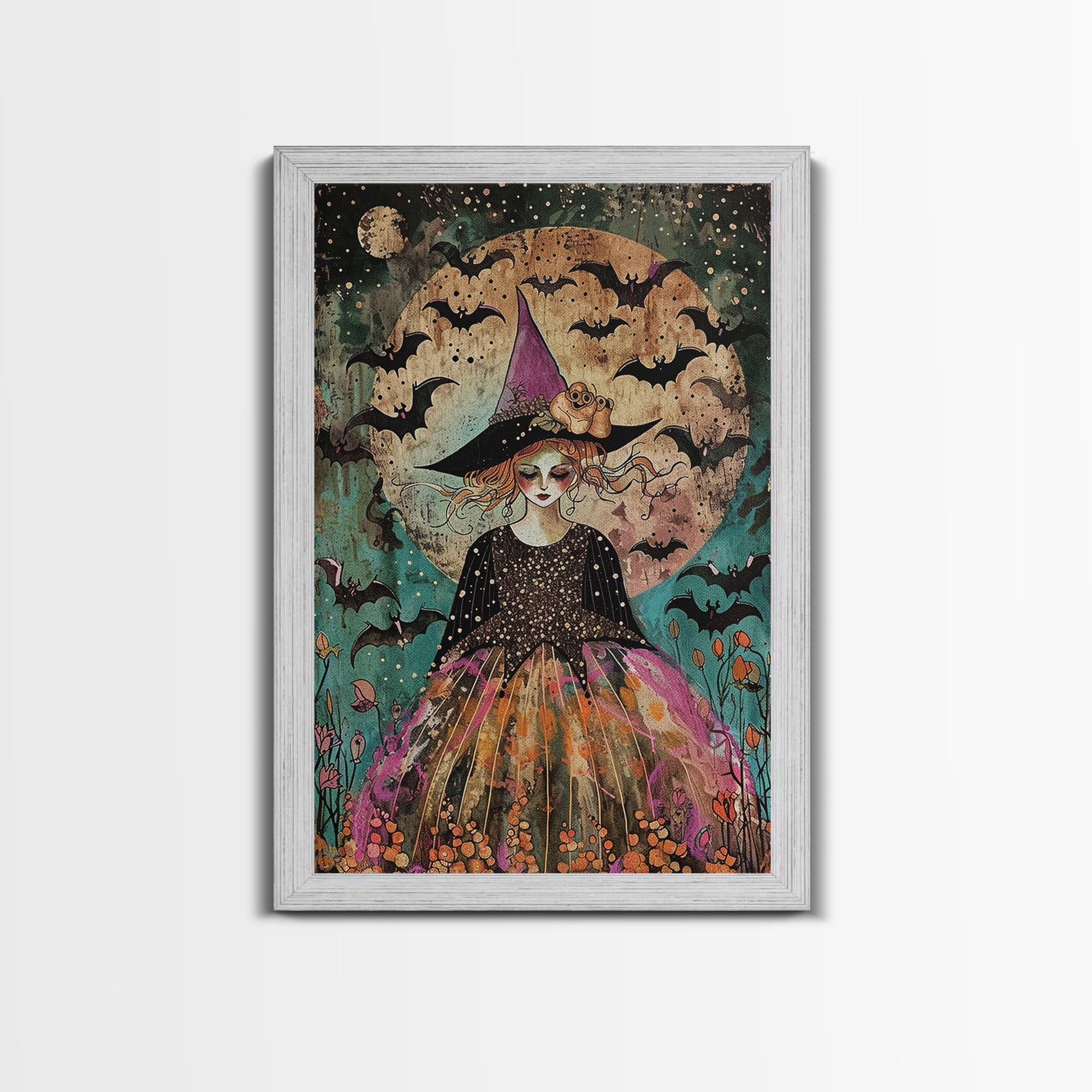 Whimsical Witch with Bats Under Full Moon, Framed Canvas Print, Spooky Halloween Art, Witch Decor, Magical Night, Enchanted Home Decor | | Wiccan Center