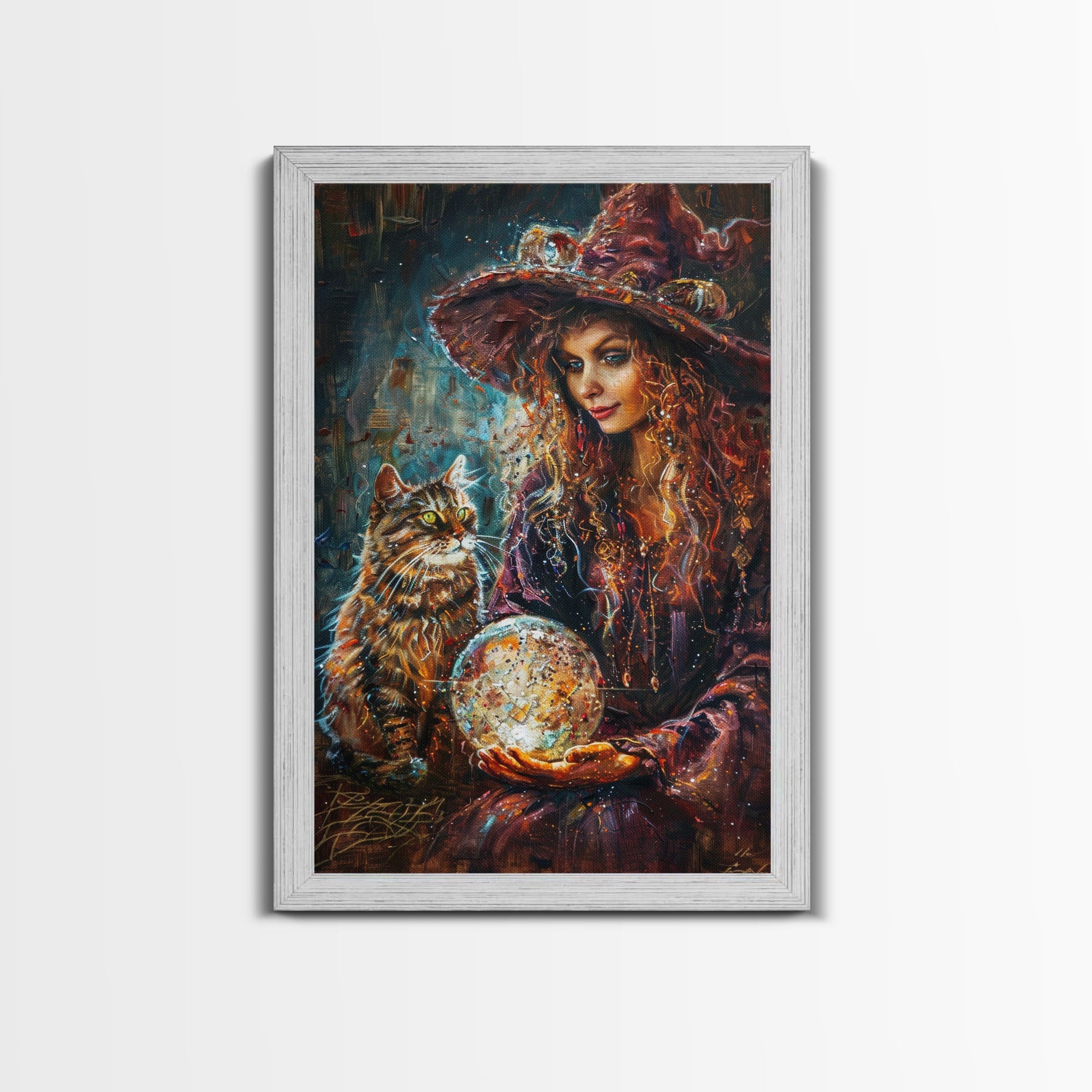 Enchanting Witch with Crystal Ball, Framed Canvas Print, Mystical Halloween Art, Spooky Witch Decor, Witchcraft Illustration, Magical Decor | | Wiccan Center