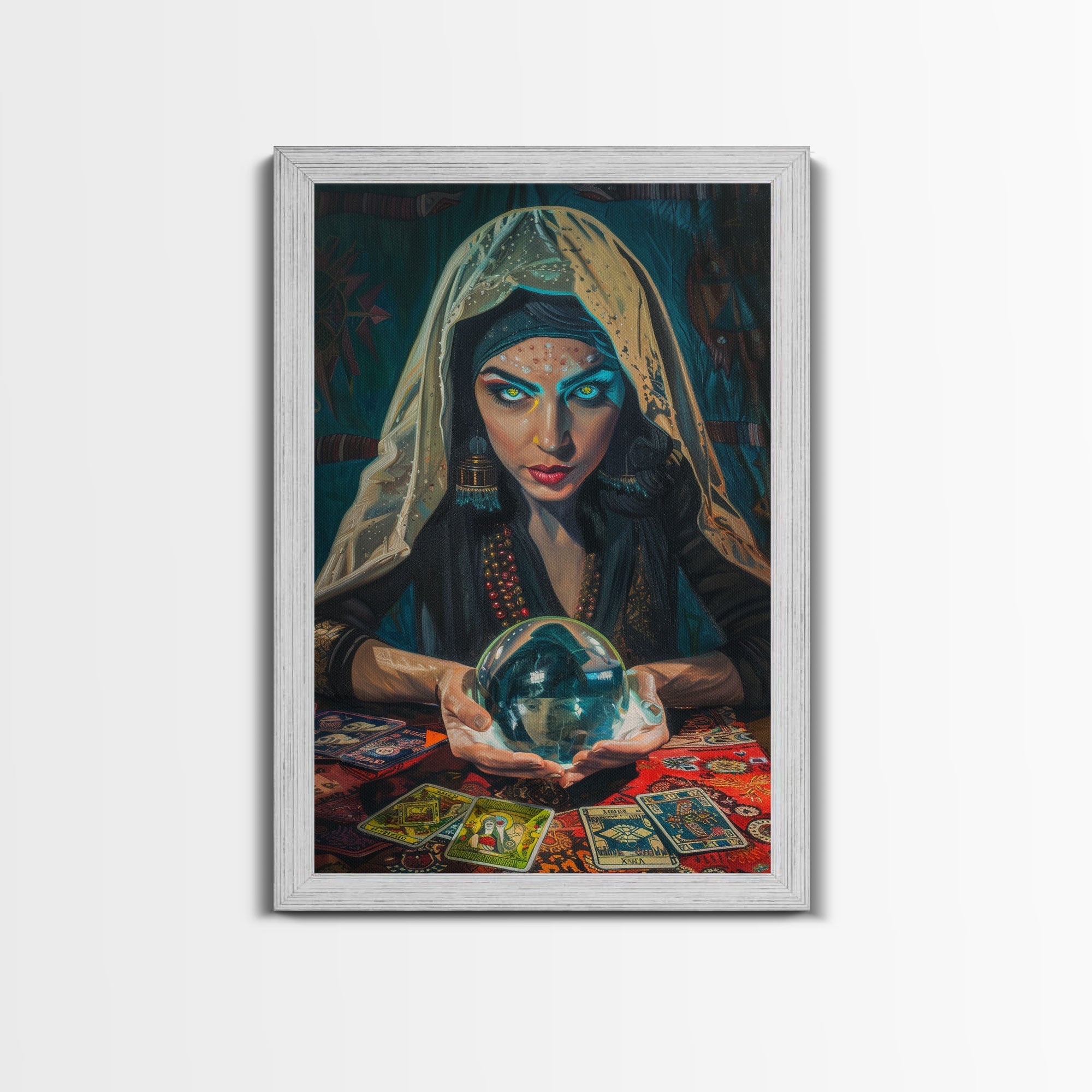 Enchanting Fortune Teller with Crystal Ball Under Moonlight - Mystical Witchcraft Framed Canvas Print, Halloween Gothic Home Decor | | Wiccan Center