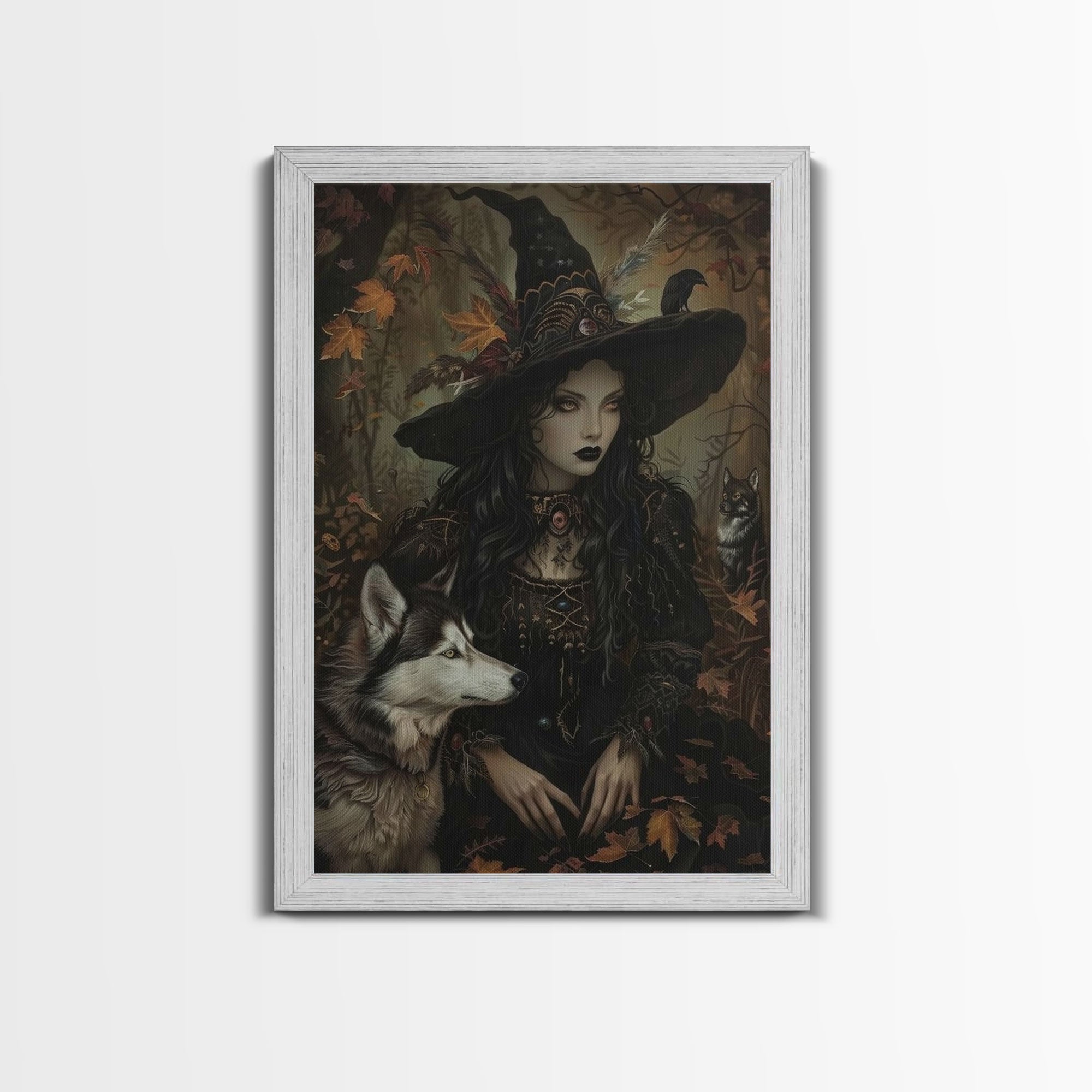 Witch with Wolves in Enchanted Forest - Dark Sorcery Mystical Art Framed Canvas Print, Halloween Gothic Decor | | Wiccan Center