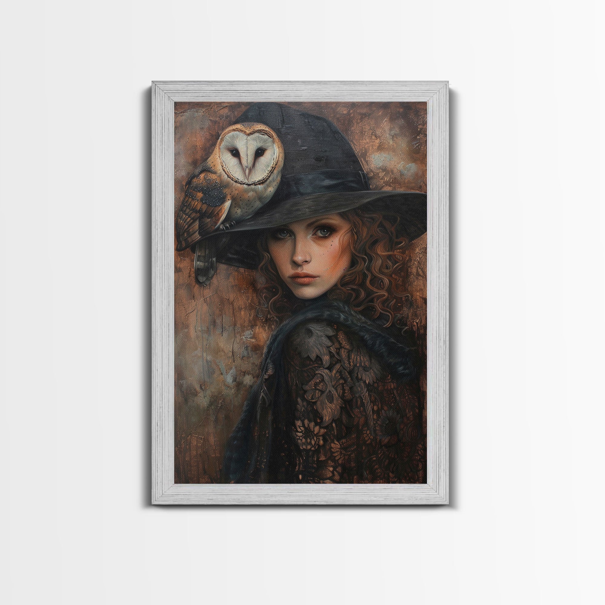 Witch with Crow in Spooky Forest - Halloween Art, Gothic Art, Spooky Decor, Dark Magic Art, Mysterious Portrait, Framed Canvas Print | | Wiccan Center