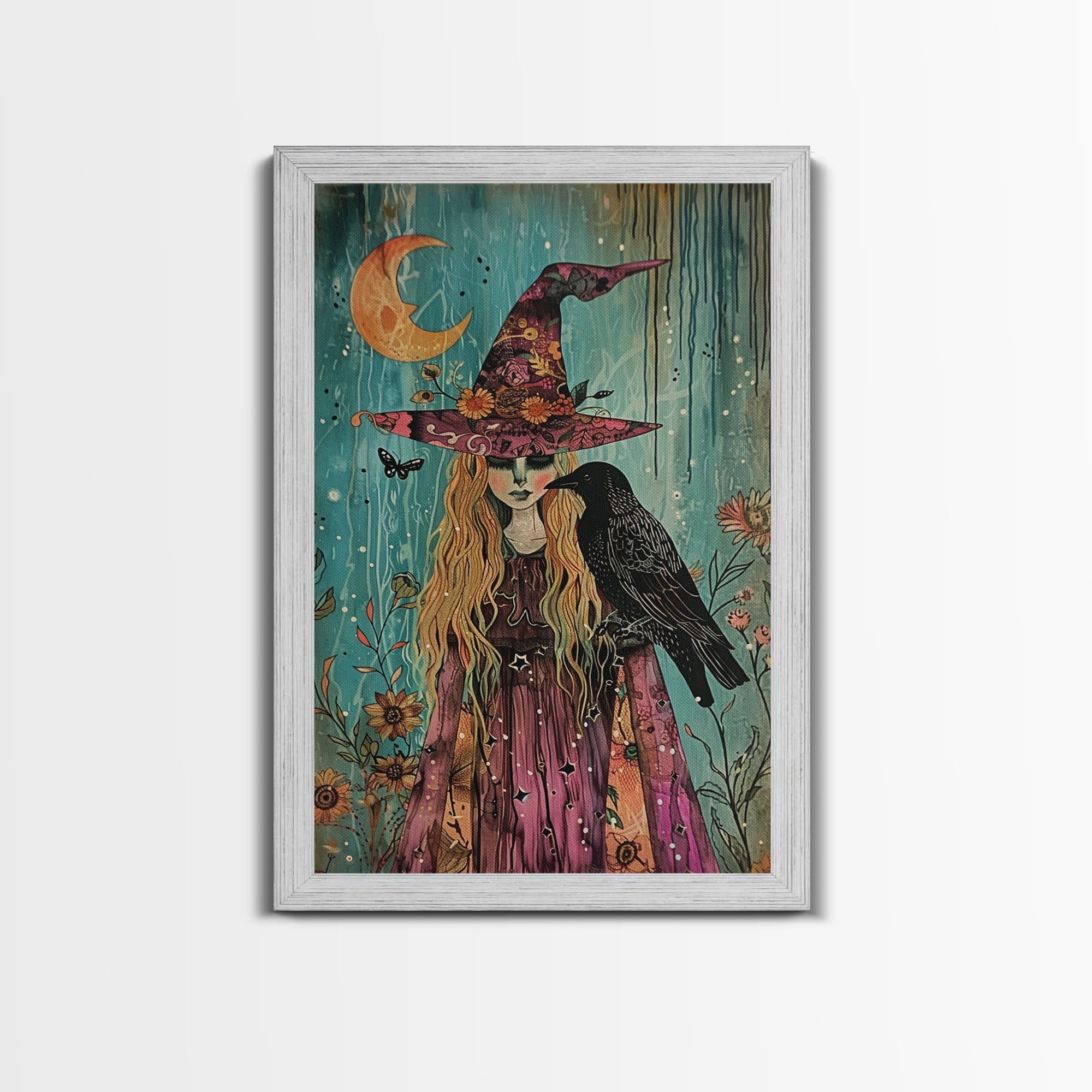Witch with Owl in Magical Forest - Halloween Art, Gothic Art, Spooky Decor, Dark Magic Art, Enchanted Woods, Framed Canvas Print | | Wiccan Center