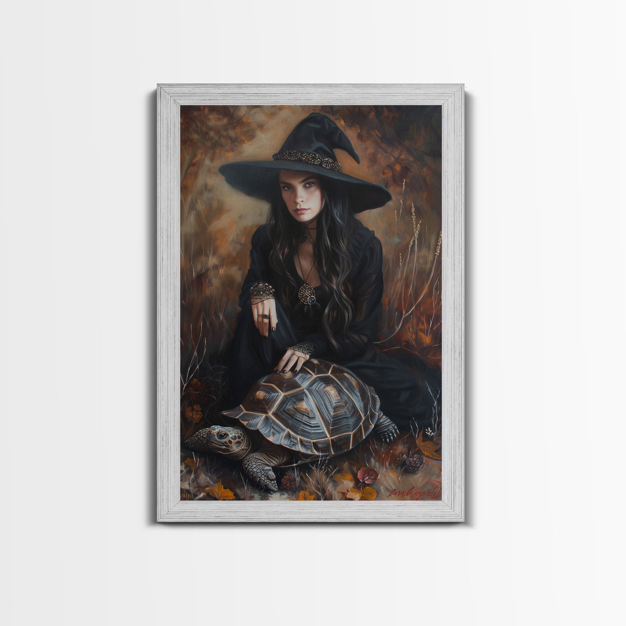 Witch with Mystical Elements - Halloween Art, Gothic Art, Spooky Decor, Dark Magic Art, Bewitching Portrait, Framed Canvas Print | | Wiccan Center