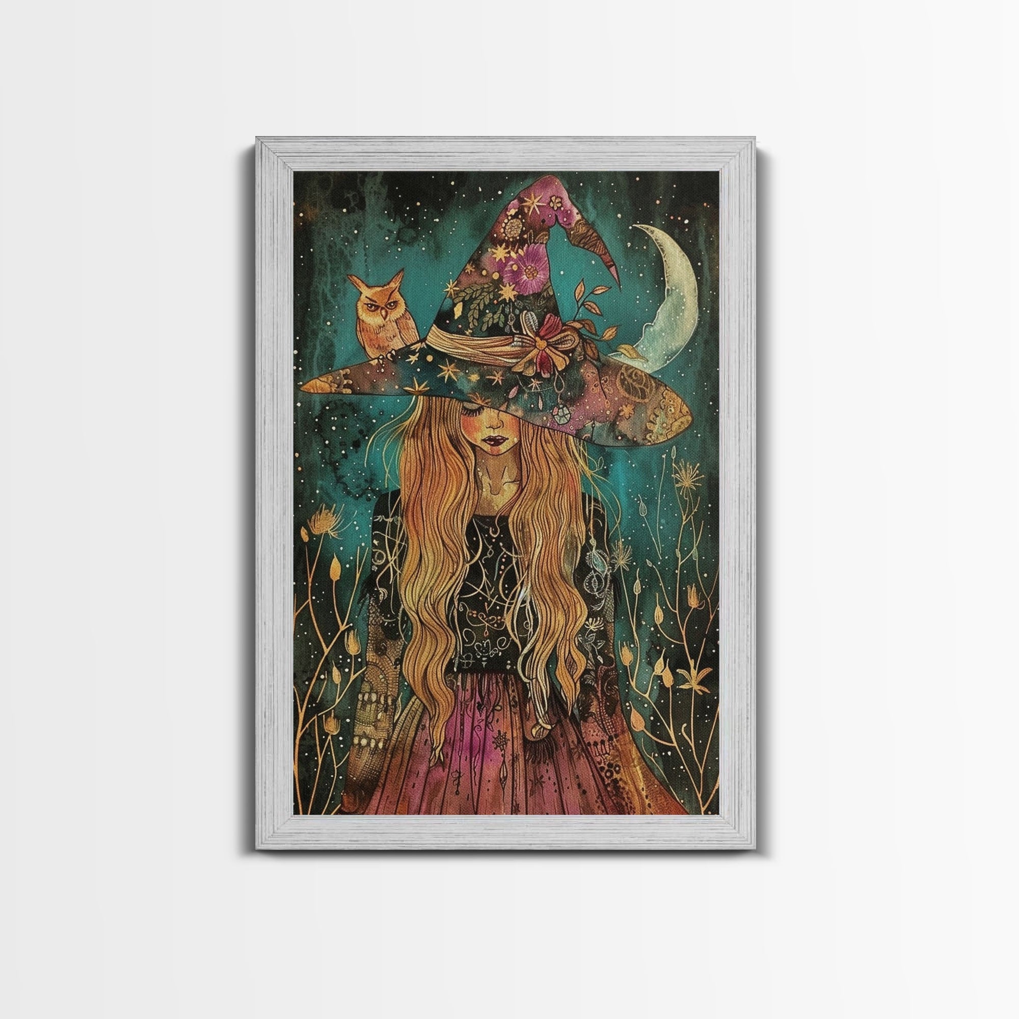 Witch with Black Cat and Moon - Halloween Art, Gothic Art, Spooky Decor, Dark Magic Art, Ominous Portrait, Moonlit Night Framed Canvas Print | | Wiccan Center