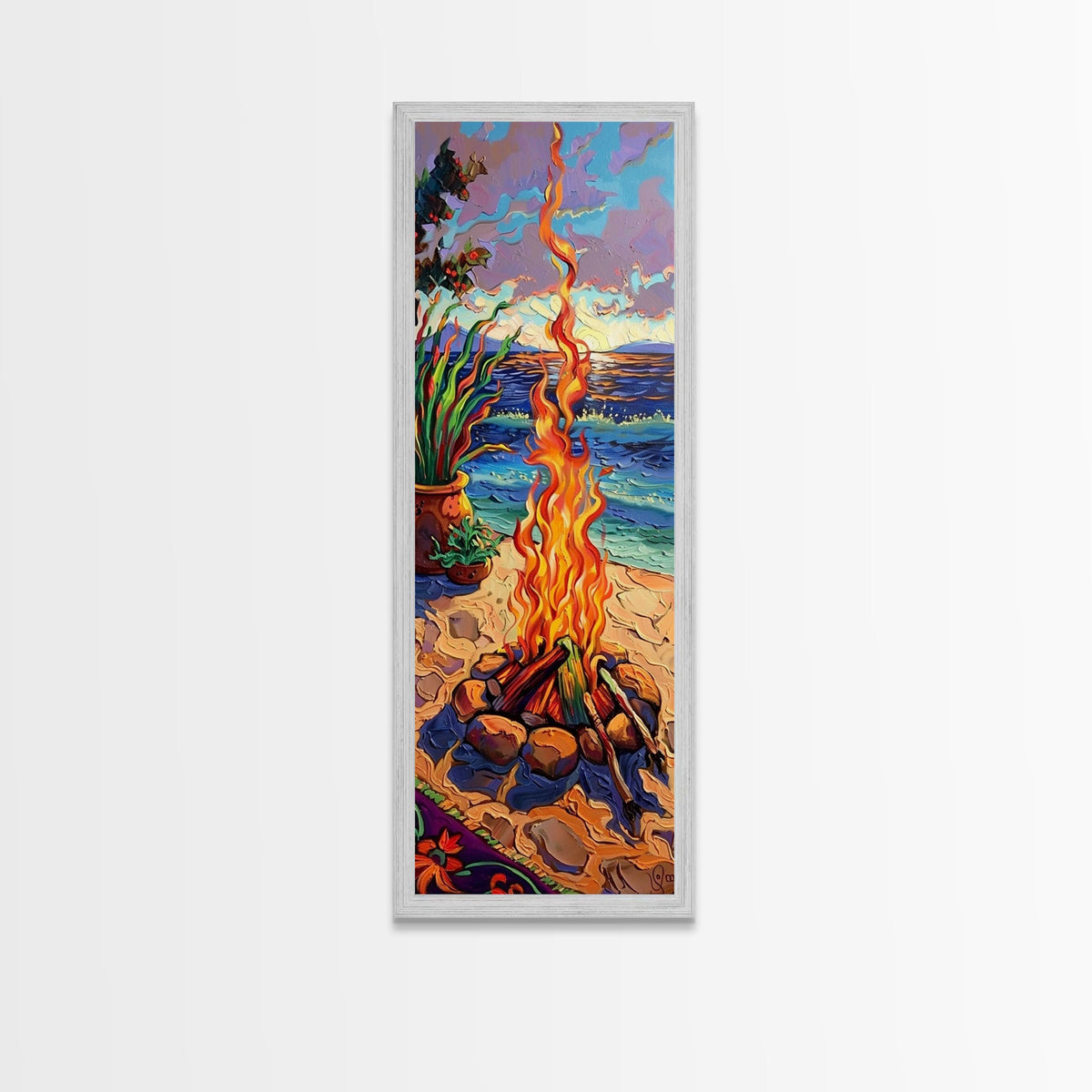 Abstract Canvas Painting of Campfire on Beach, Beachy Wall Art, Tall and Narrow Vertical Wall Art, Canvas Painting Printed and Framed | | Wiccan Center