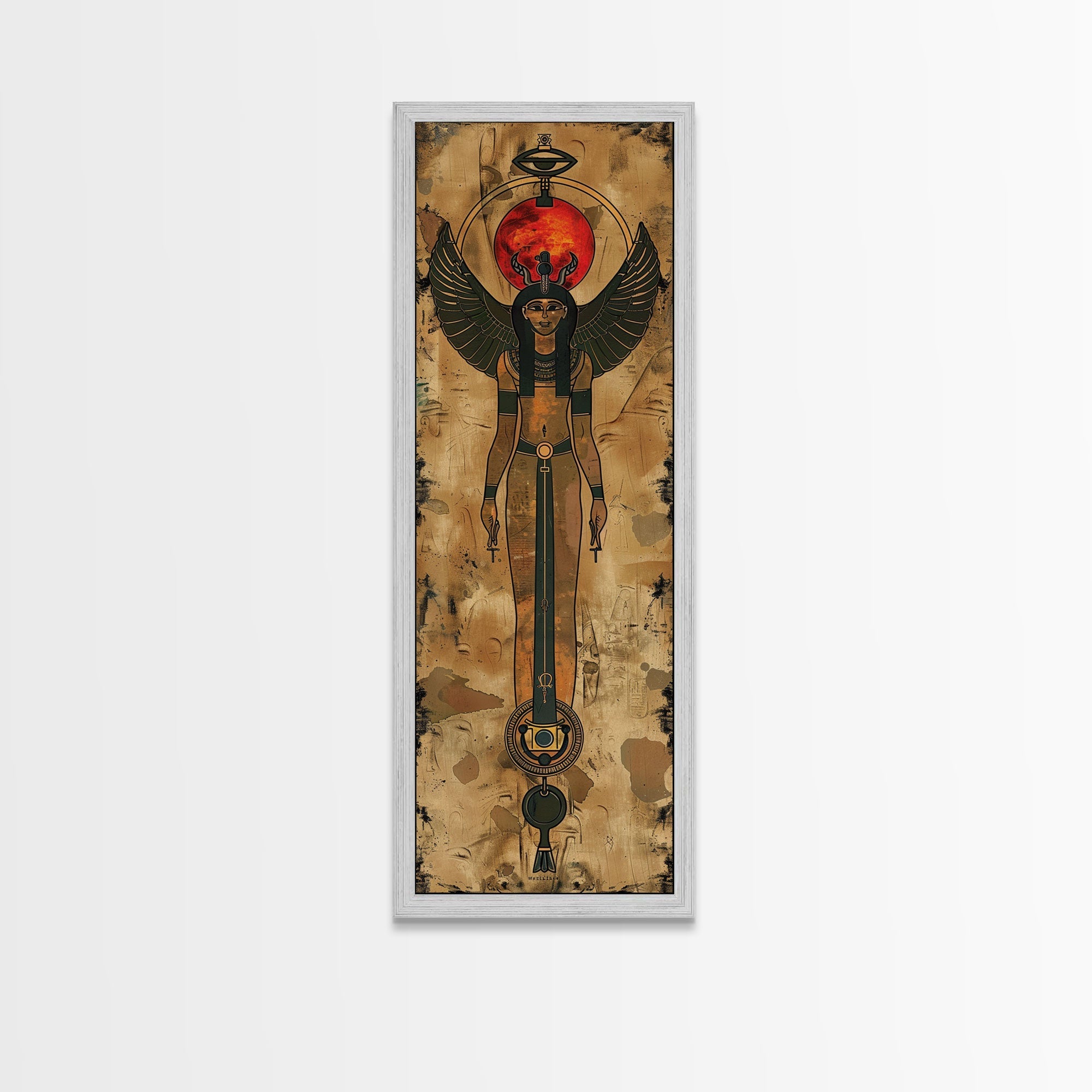 Egyptian Art Depiction of Goddess Isis - Framed Canvas Print, Midcentury Modern Wall Art, Skinny Art, Tall Art, Living Room Decor