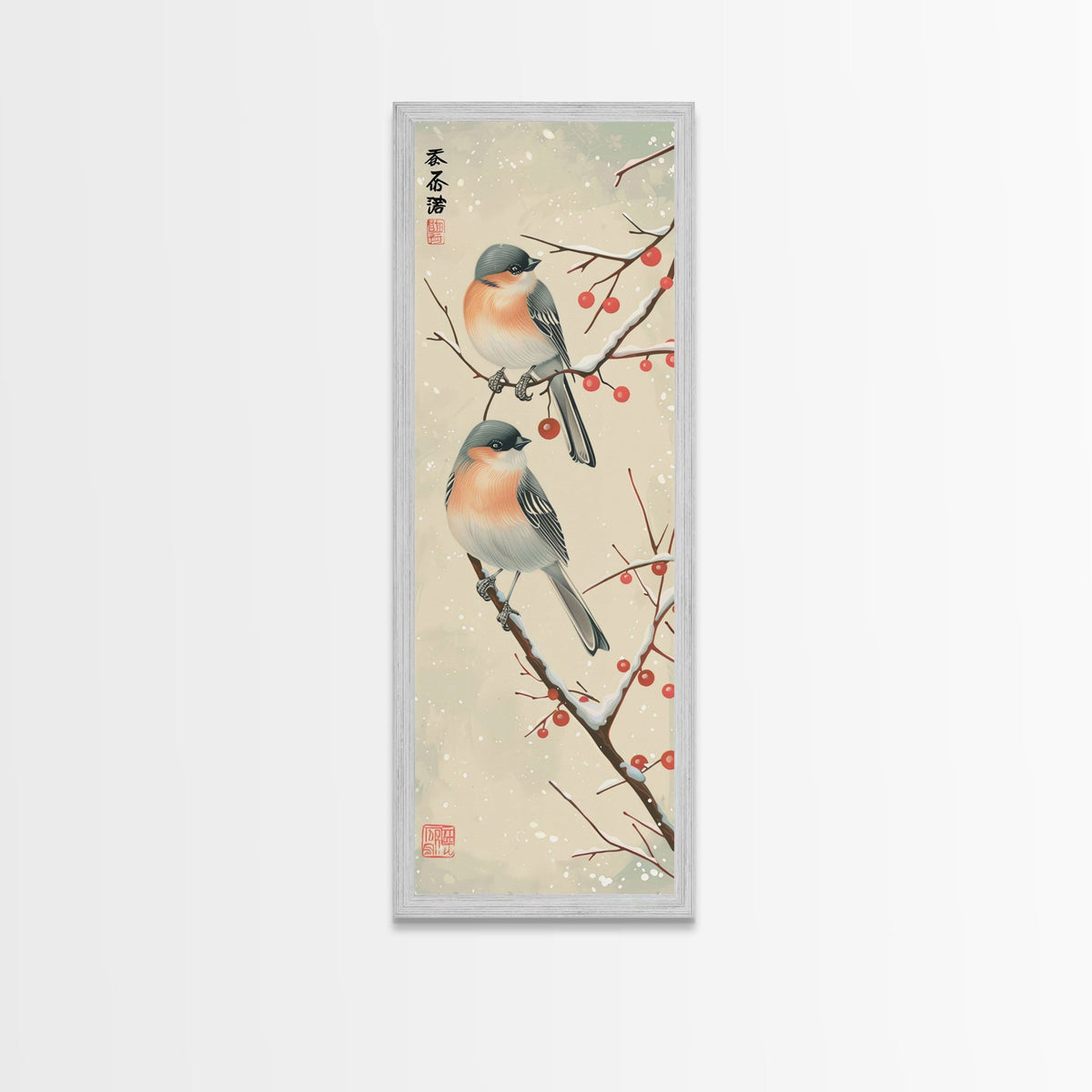 Pair of Birds on Snowy Branches, Japanese Art Framed Canvas Print, Tall and Skinny Wall Art in Ukiyo-e Style