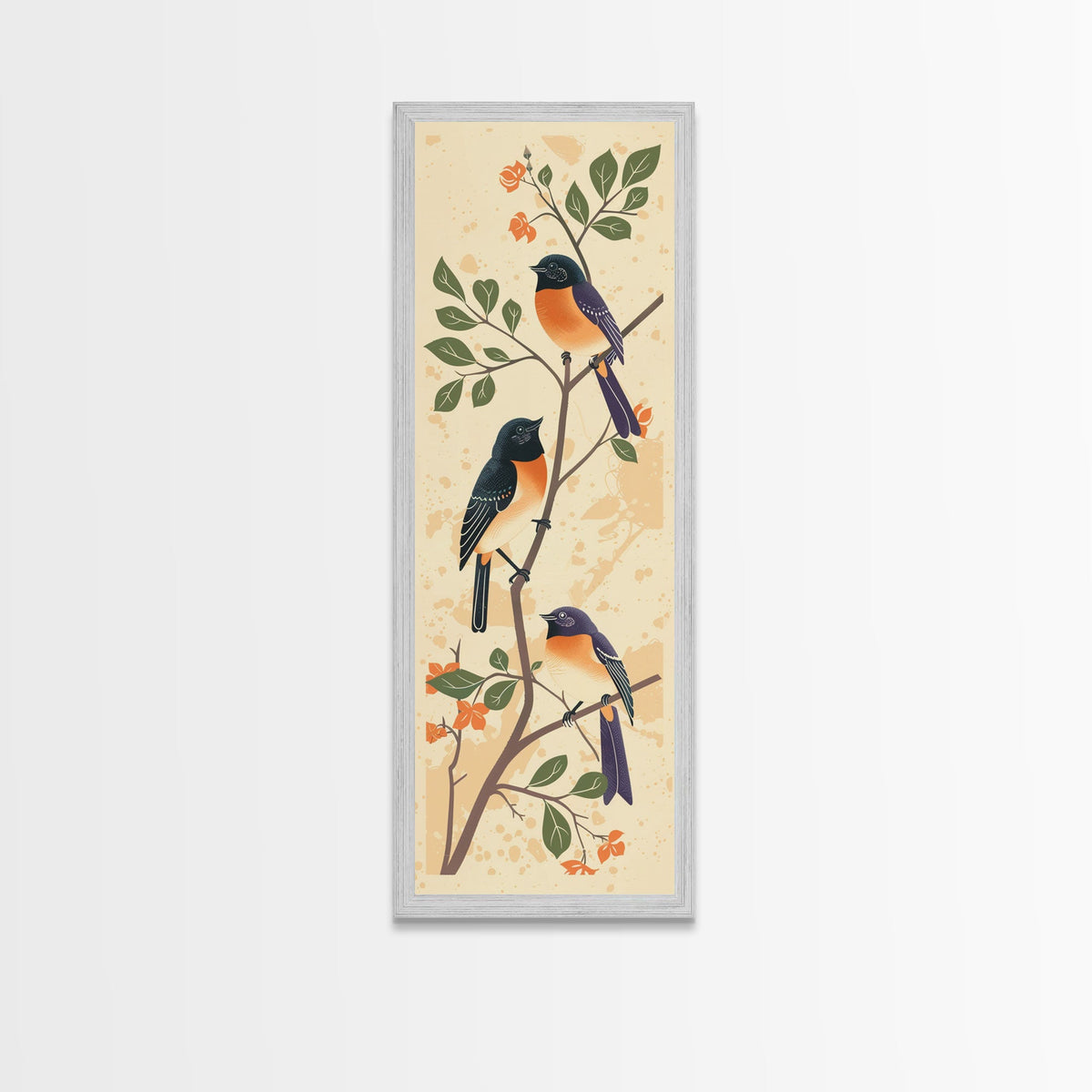 Three Birds Perched On A Branch Japanese Style Framed Canvas Print, Traditional Illustration Art Ready To Hang For Home Decor