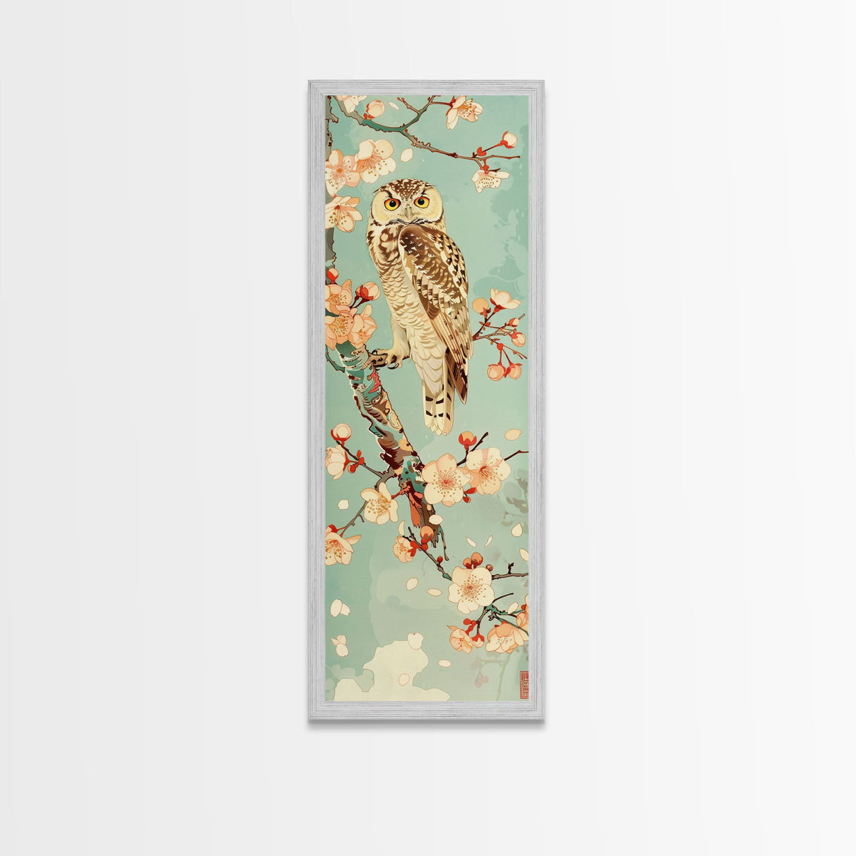 Owl Cherry Blossom Tree Traditional Japanese Tall Wall Art Skinny Framed Canvas Print Ukiyo-e Style