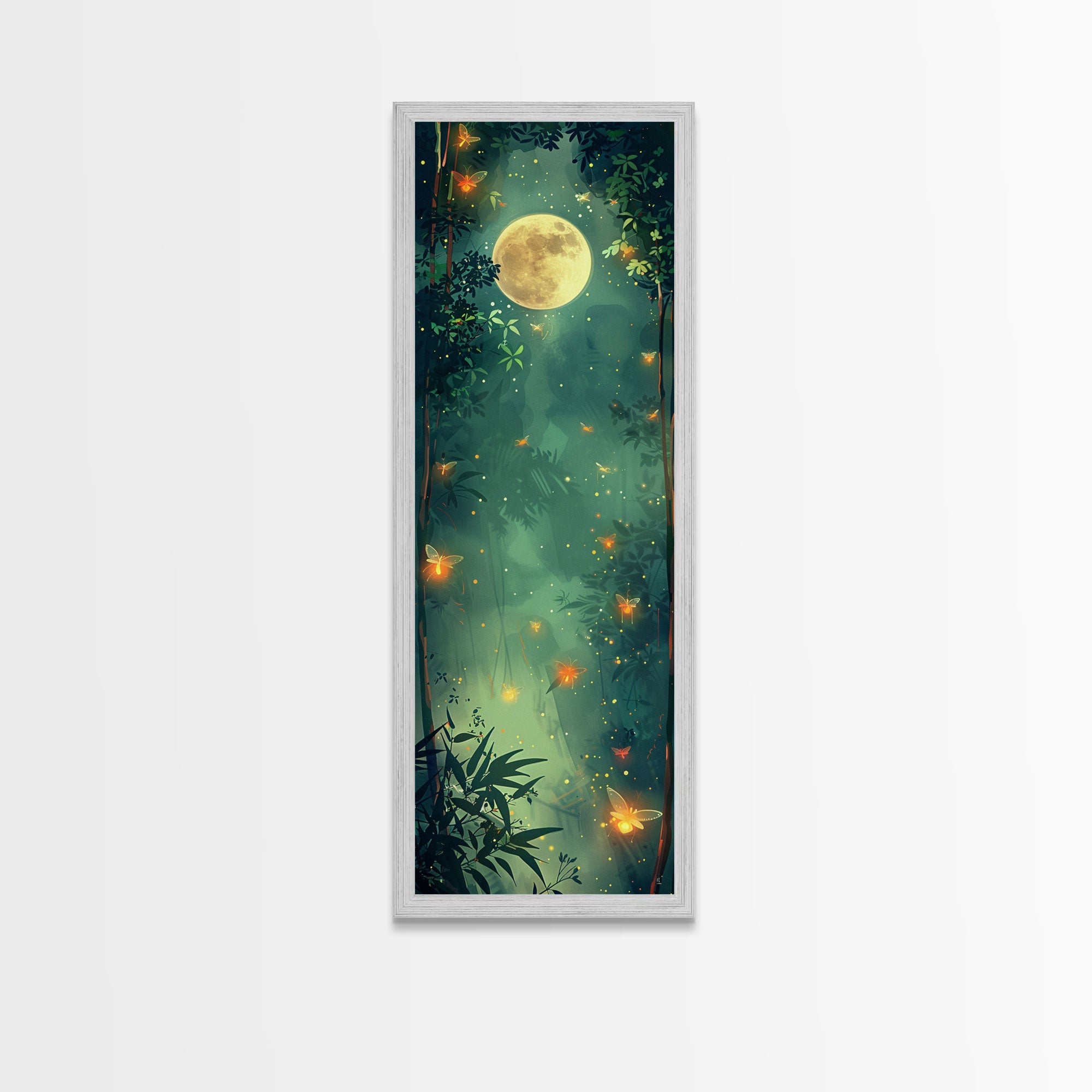 Enchanting Fireflies Illuminating Nighttime Forest Scene Under Full Moon Tall Framed Canvas Print Adding Magical Touch | | Wiccan Center