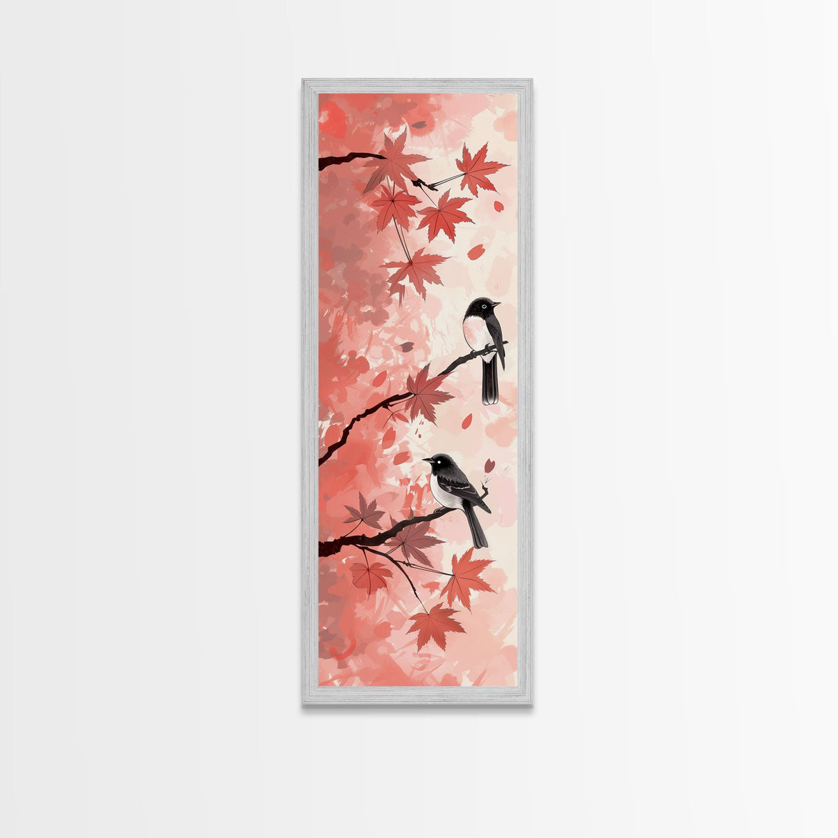 Red and Black Maple Leaves with Birds Perched on Branches Japanese Framed Canvas Print Ukiyo-e Art Skinny Tall Art