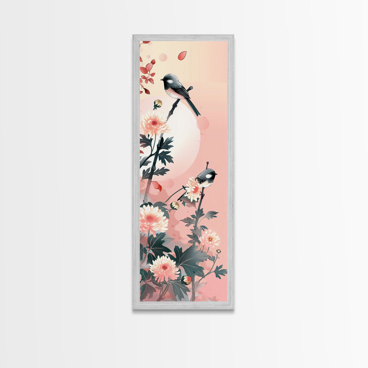 Tall Skinny Art Japanese Style Wood Block Print Birds On Branches Against A Soft Background For Framed Canvas Print In Ukiyo-e Style