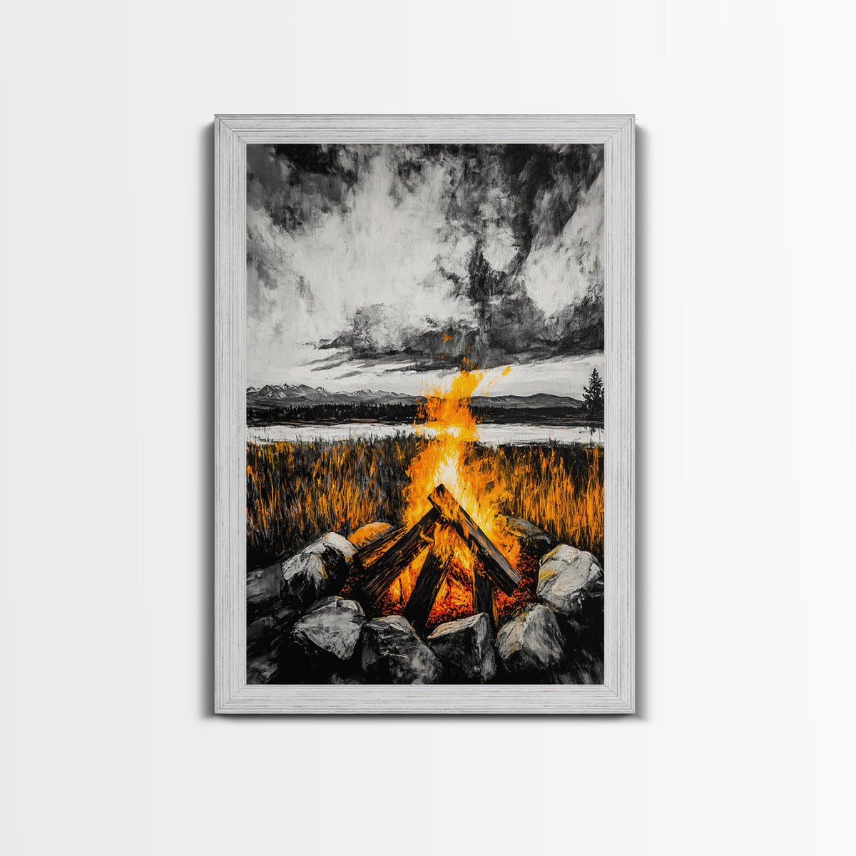 Campfire Painting, Moody Art, Rustic Wall Decor, Fire Pit Artwork, Black White Orange Art, Framed Canvas Print, Cabin Wall Art | | Wiccan Center