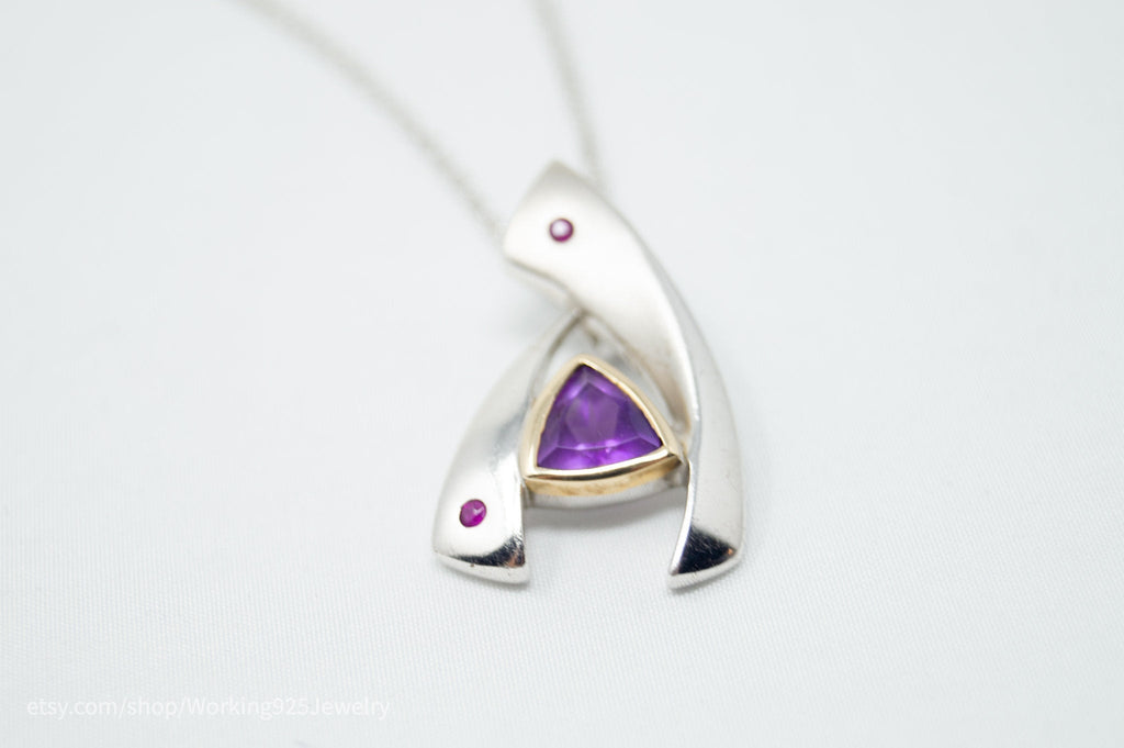 Vintage Designer 14K Gold Amethyst Ruby Art Deco Sterling Silver Necklace | Jewelry > Necklaces > Pendants | Wiccan Center