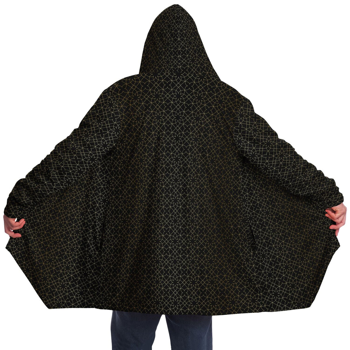 Black and Gold Sacred Geometry Flower Cuddle Cloak | Unisex Minky Sherpa Lined Hooded Coat | Women and Mens Festival Coat | Mountain Fashion | Microfleece Cloak - AOP | Wiccan Center
