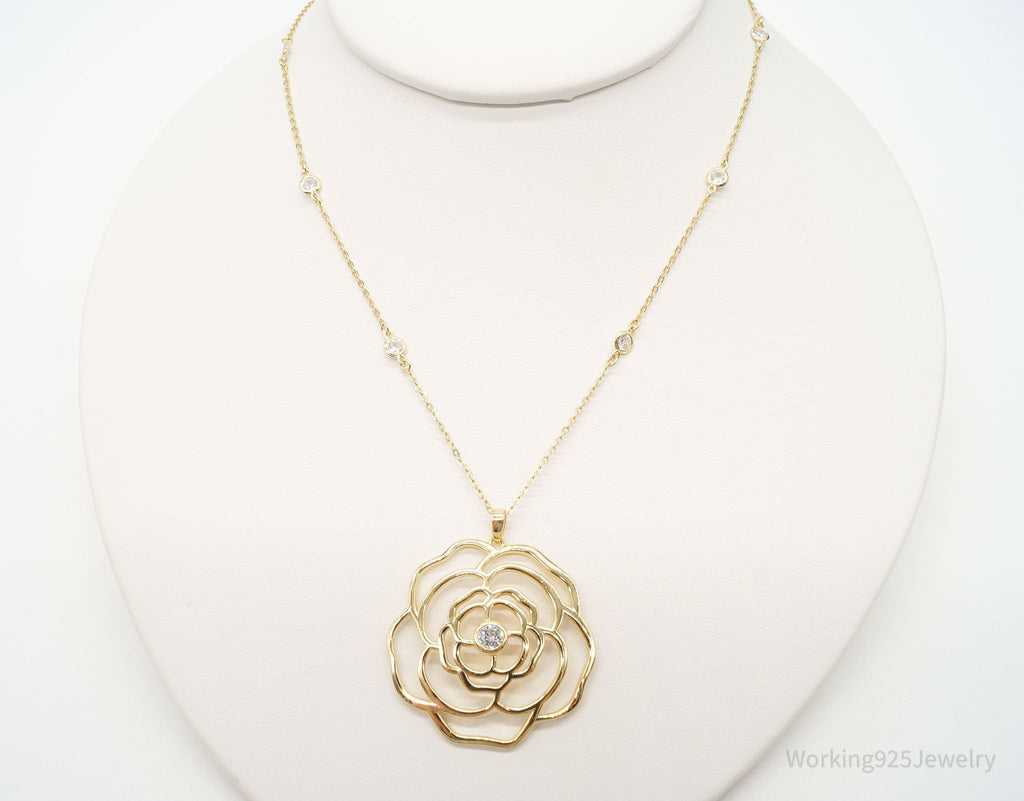Vintage Cubic Zirconia Gold Vermeil Sterling Silver Flower Necklace 18" | Jewelry > Necklaces > Pendants | Wiccan Center