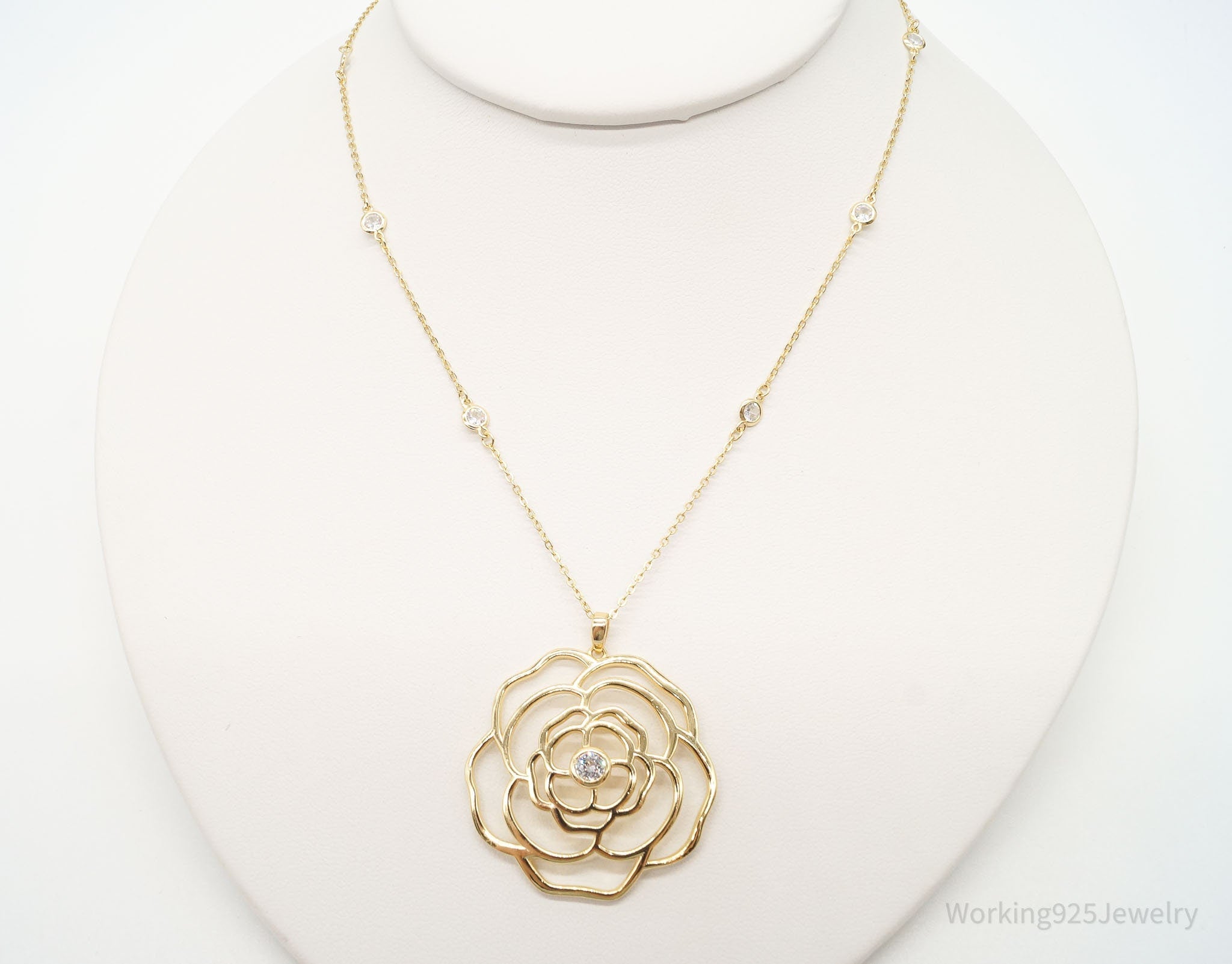 Vintage Cubic Zirconia Gold Vermeil Sterling Silver Flower Necklace 18" | Jewelry > Necklaces > Pendants | Wiccan Center