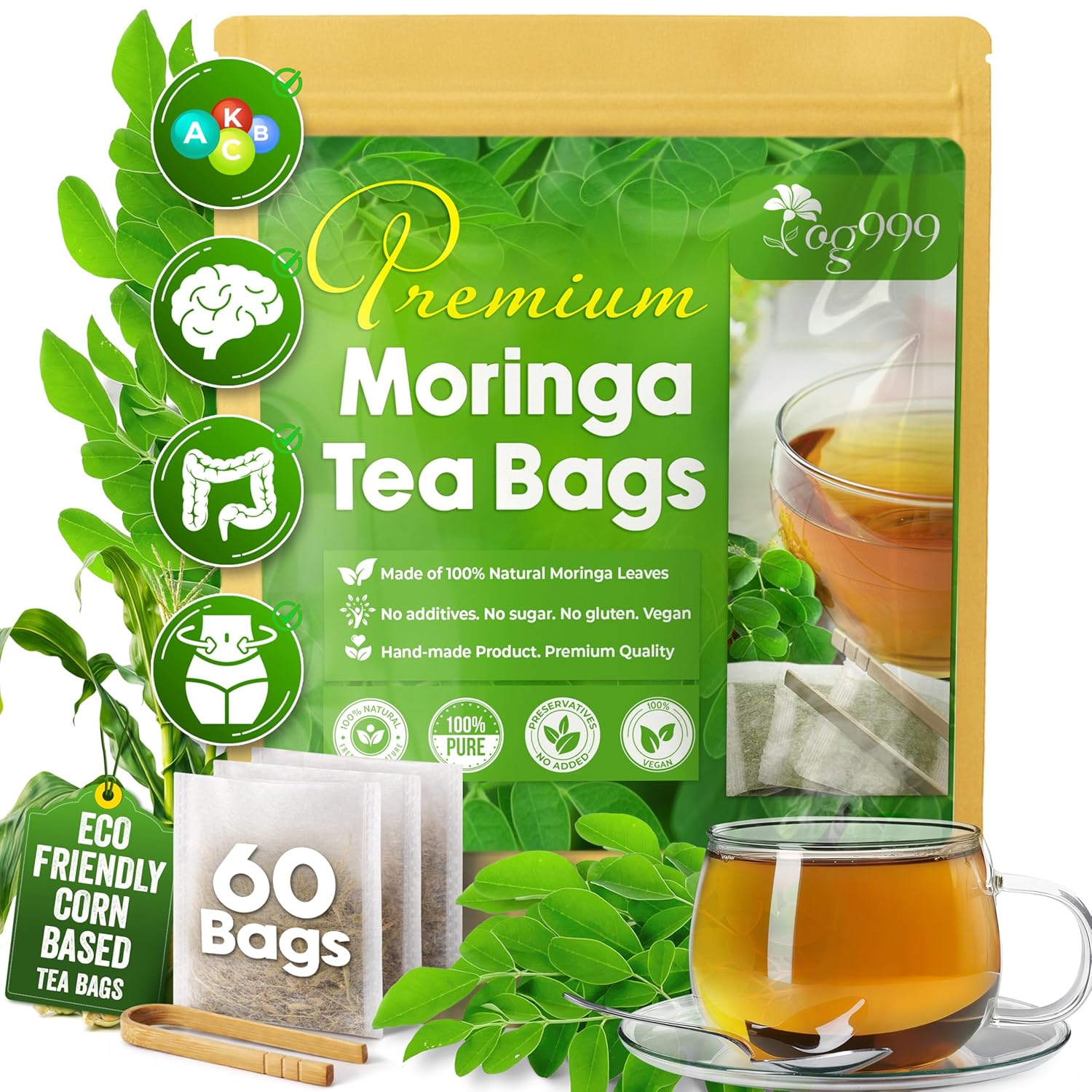 Moringa Leaf Tea Bags, 100% Natural & Pure from Moringa Leaves. Loose Leaf Moringa Herbal Tea. Moringa Leaf Tea. No Sugar, No Caffeine, No Gluten, Vegan | Tea | Wiccan Center