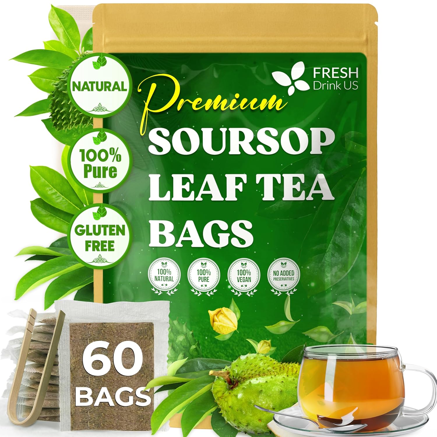 40 Premium Soursop Graviola Leaf Tea Bags, 100% Natural and Pure from Soursop Leaves, Handmade, Made With Natural Materials-Corn Fiber Tea Bag, Sugar/Caffeine/Gluten Free, Hoja Guanabana Tea | Tea | Wiccan Center