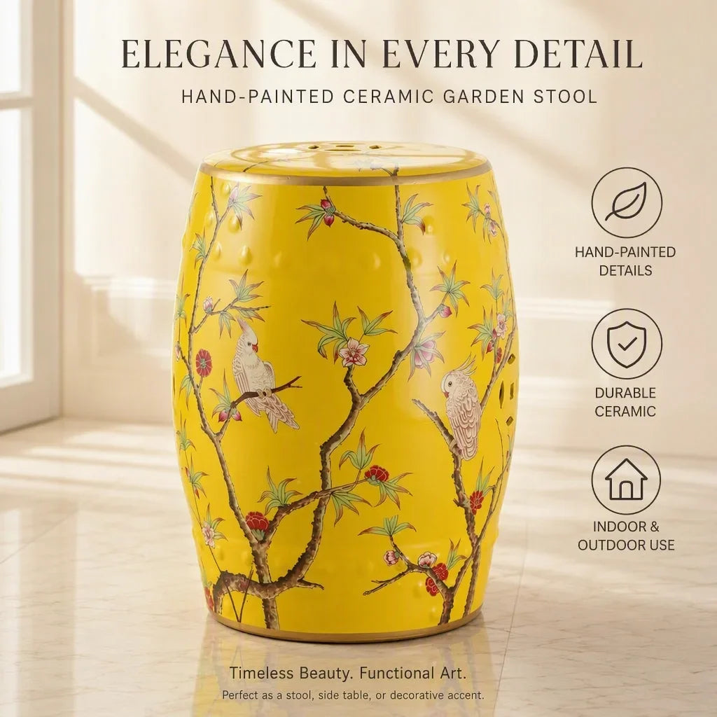 Hand-Painted Ceramic Drum Stool with Floral Bird Motif – Porcelain Oriental Accent Ottoman for Living Room or Entryway | Stool | Wiccan Center
