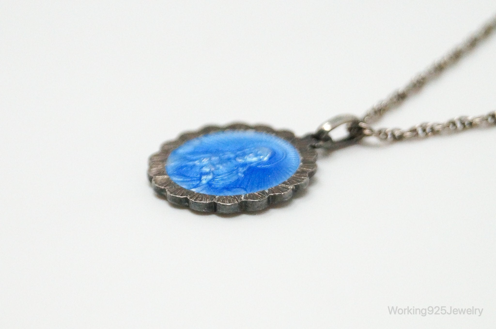 Vintage French Mother Mary Jesus Blue Enamel Sterling Silver Necklace | Jewelry > Necklaces > Pendants | Wiccan Center