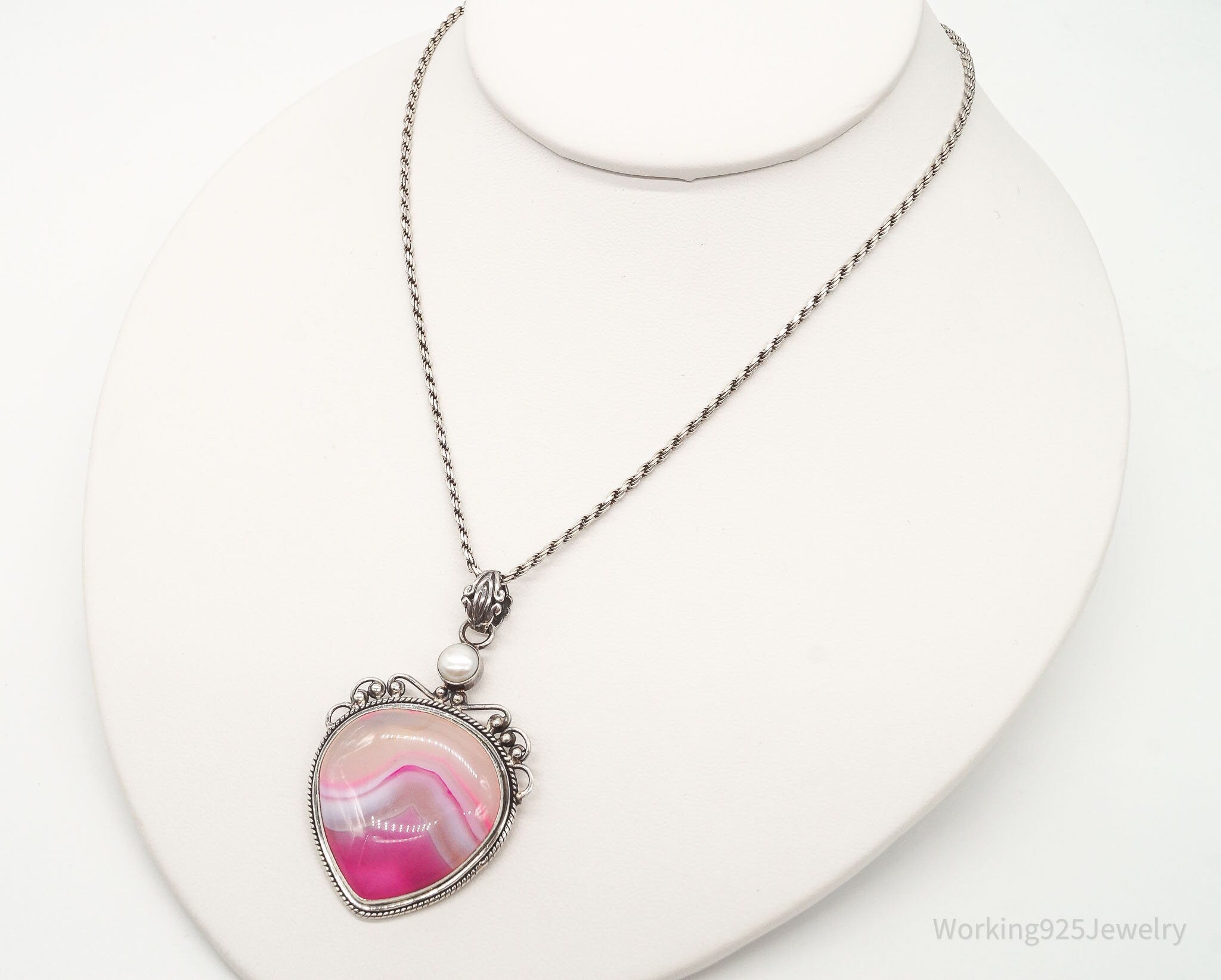 Vintage Large Pink Lace Agate & Pearl Sterling Silver Necklace | Jewelry > Necklaces > Pendants | Wiccan Center