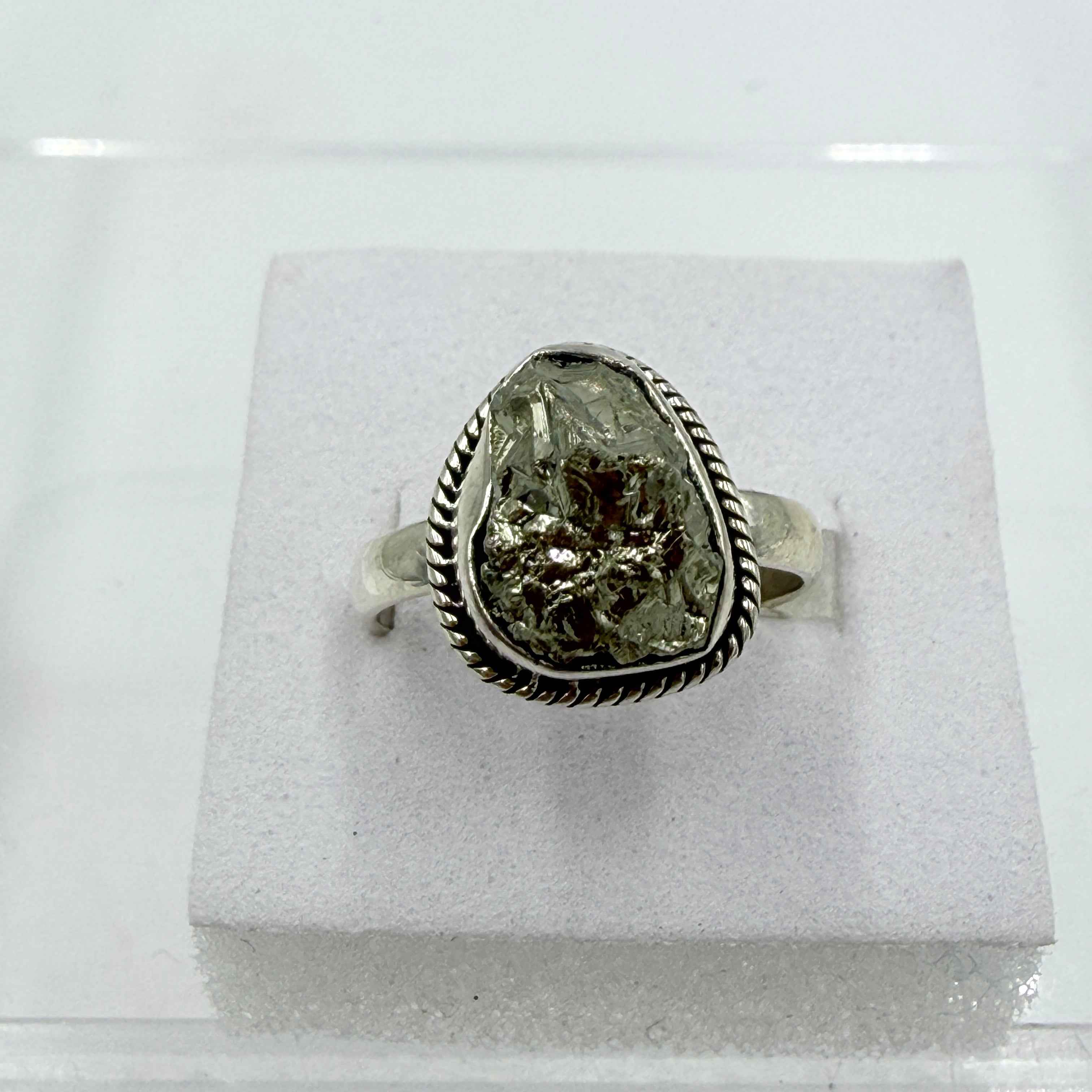 Sterling Silver Oval Pyrite Rope-Edge Ring – Size 8 – Protection, Confidence & Grounding | Rings | Wiccan Center