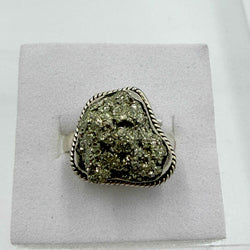 Sterling Silver Freeform Pyrite Rope-Edge Ring – Size 8 – Protection, Confidence & Grounding | Rings | Wiccan Center