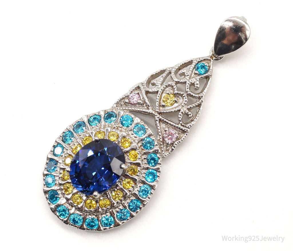 Large Lab Sapphire Multi Color CZ Rhodium Over Sterling Silver Pendant | Jewelry > Necklaces > Pendants | Wiccan Center