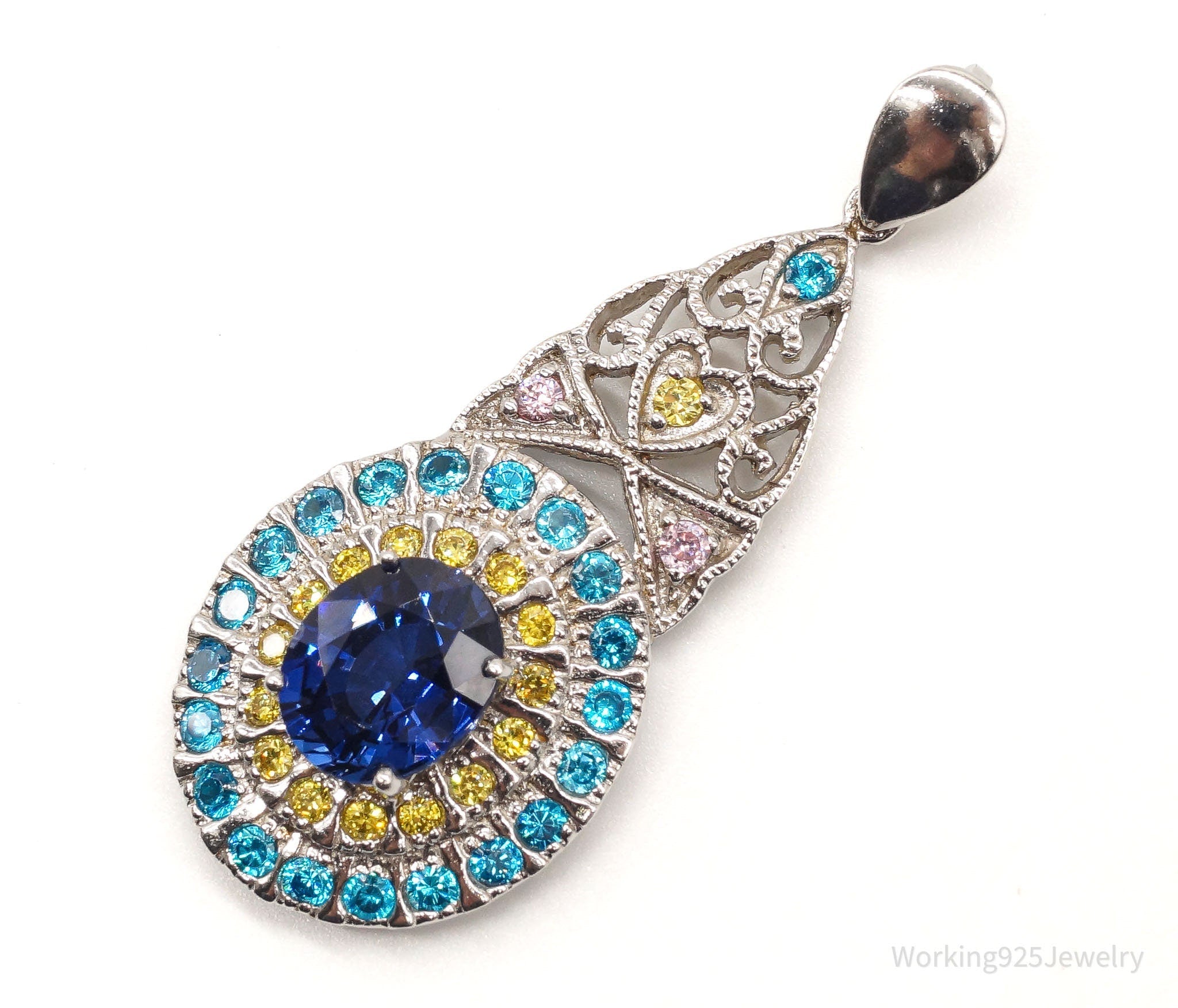 Large Lab Sapphire Multi Color CZ Rhodium Over Sterling Silver Pendant | Jewelry > Necklaces > Pendants | Wiccan Center