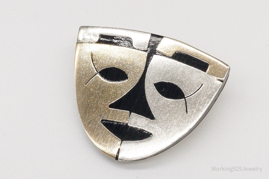 Large Vintage Mexico Warrior Tribal Mask Sterling Silver Two Tone Brooch Pin | Jewelry > Brooches, Pins & Clips | Wiccan Center