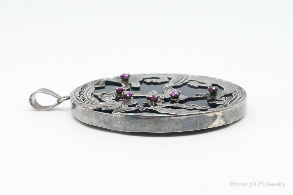 Vintage Large Ruby Black Onyx Etched Birds In Nature Sterling Silver Pendant | Jewelry > Necklaces > Pendants | Wiccan Center
