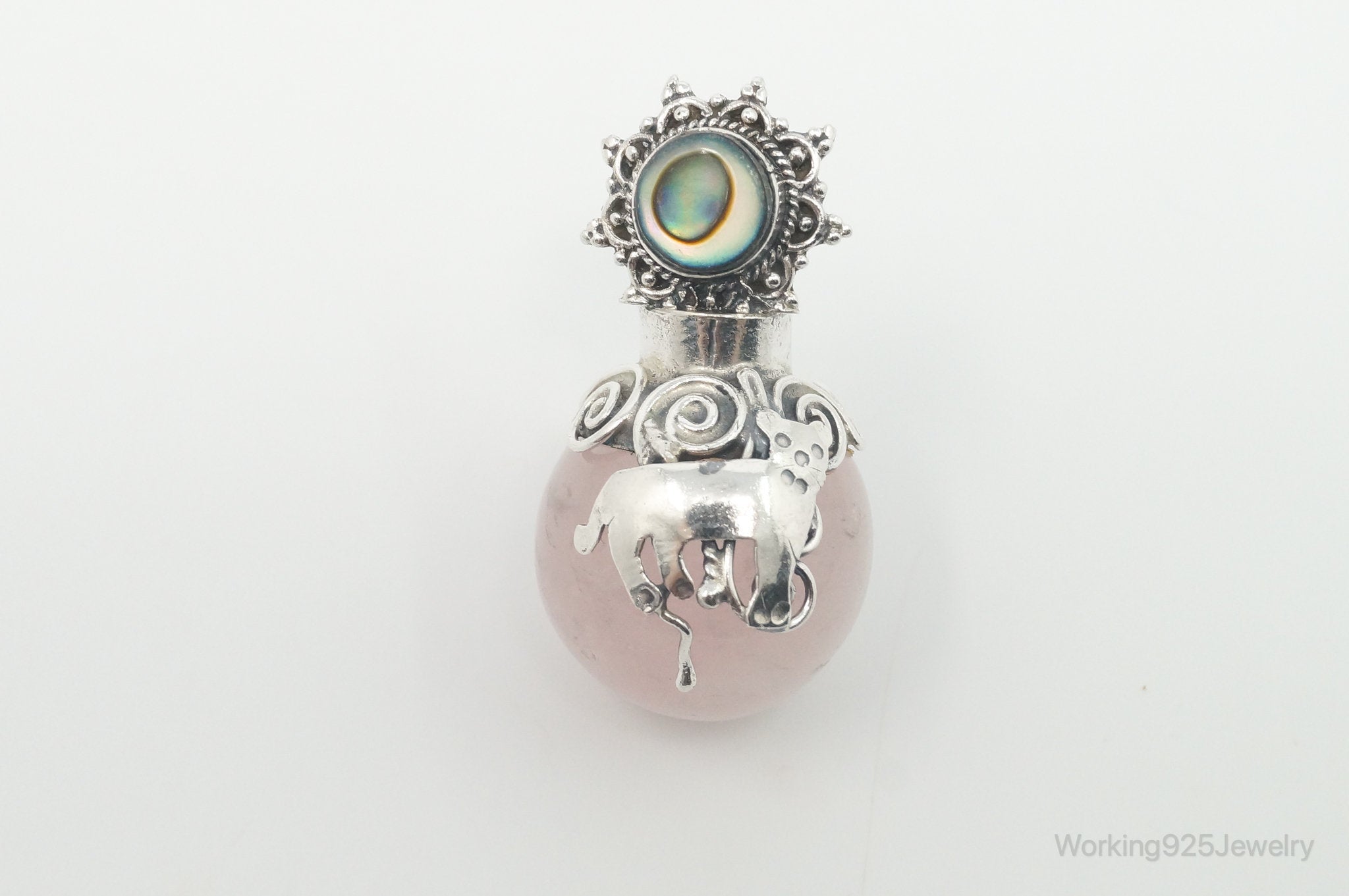 Vintage Rose Quartz Abalone Shell Bali Cat Sterling Silver Necklace Pendant | Jewelry > Necklaces > Pendants | Wiccan Center