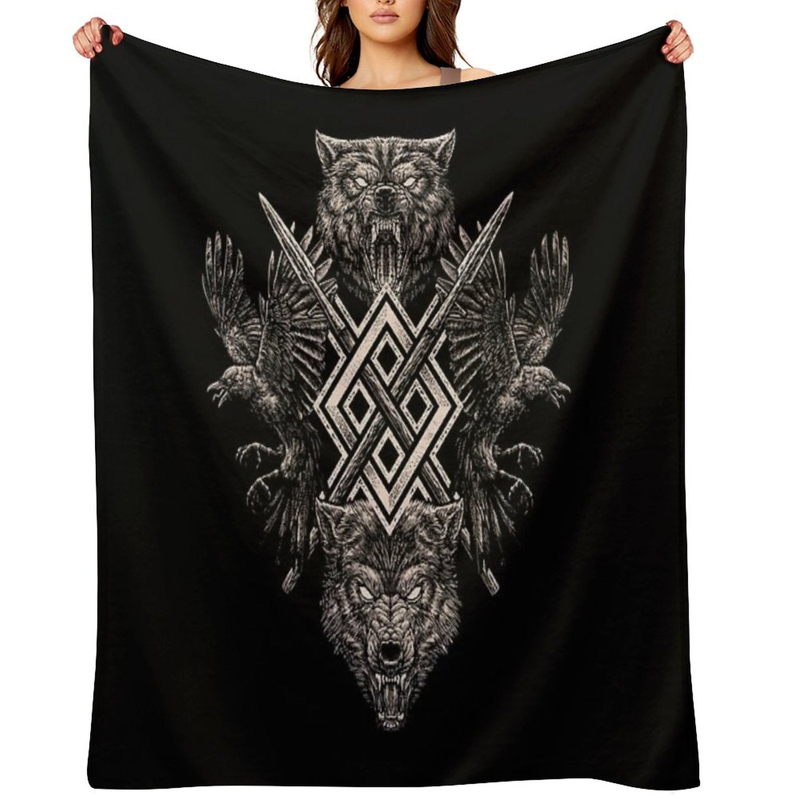 Viking Wolf Raven of Odin Geri Freki Huginn Muninn Norse Mythology  Gungnir Travel-friendly Throw Blanket