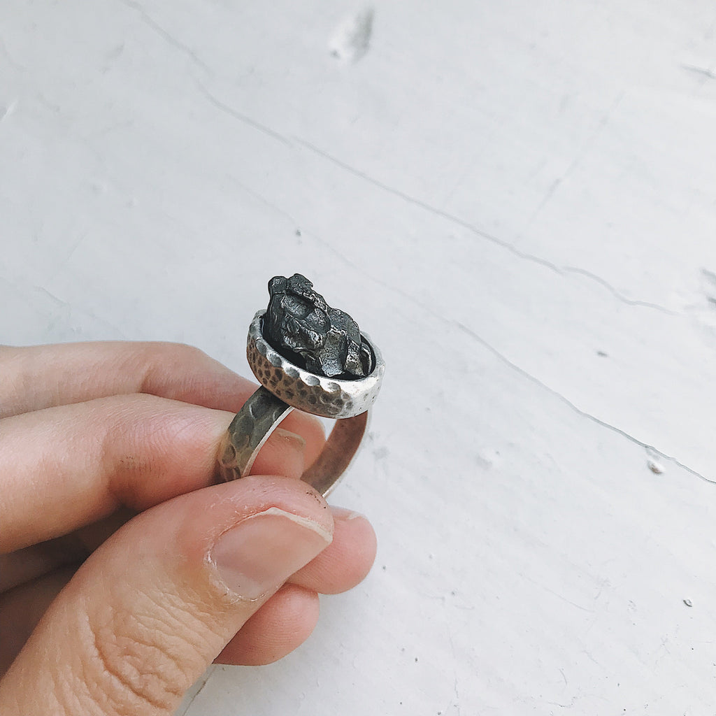 Oval Raw Meteorite Ring in Silver | Ring | Wiccan Center