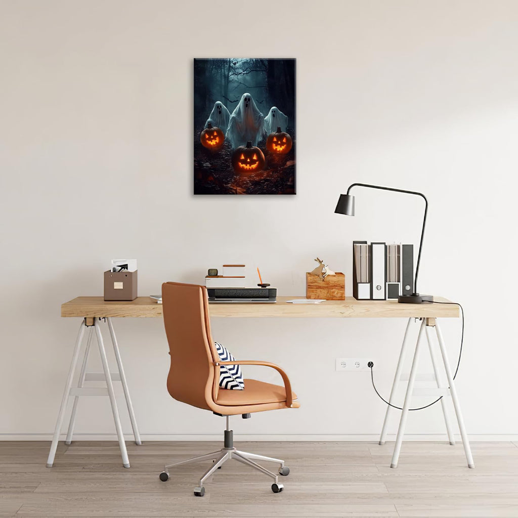 Gothic Halloween Ghost Pumpkin Wall Art Canvas Painting Framed 12x16 | Posters & Prints | Wiccan Center