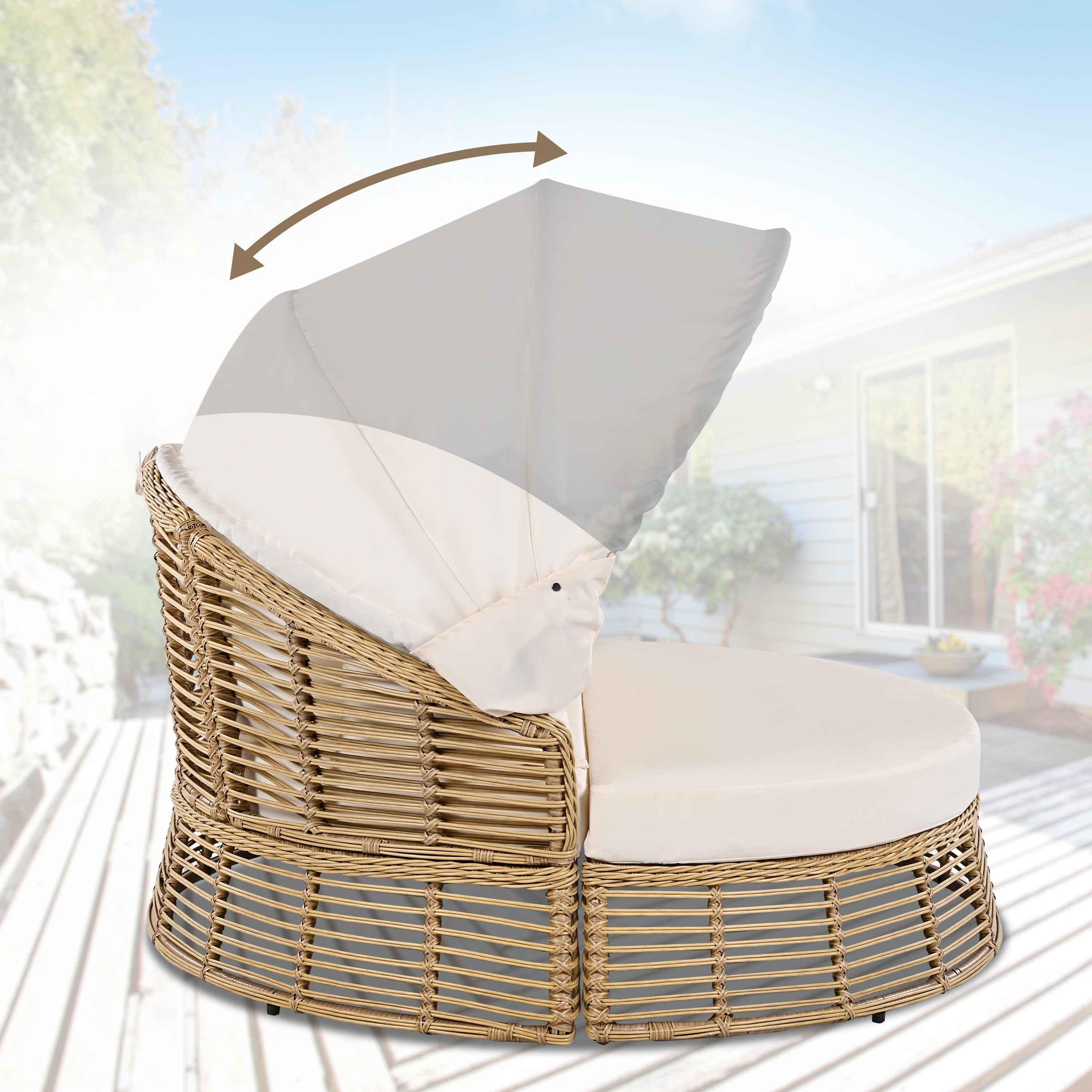 Outdoor Patio Rattan Round Daybed with Retractable Canopy, Wicker | Furniture | Wiccan Center