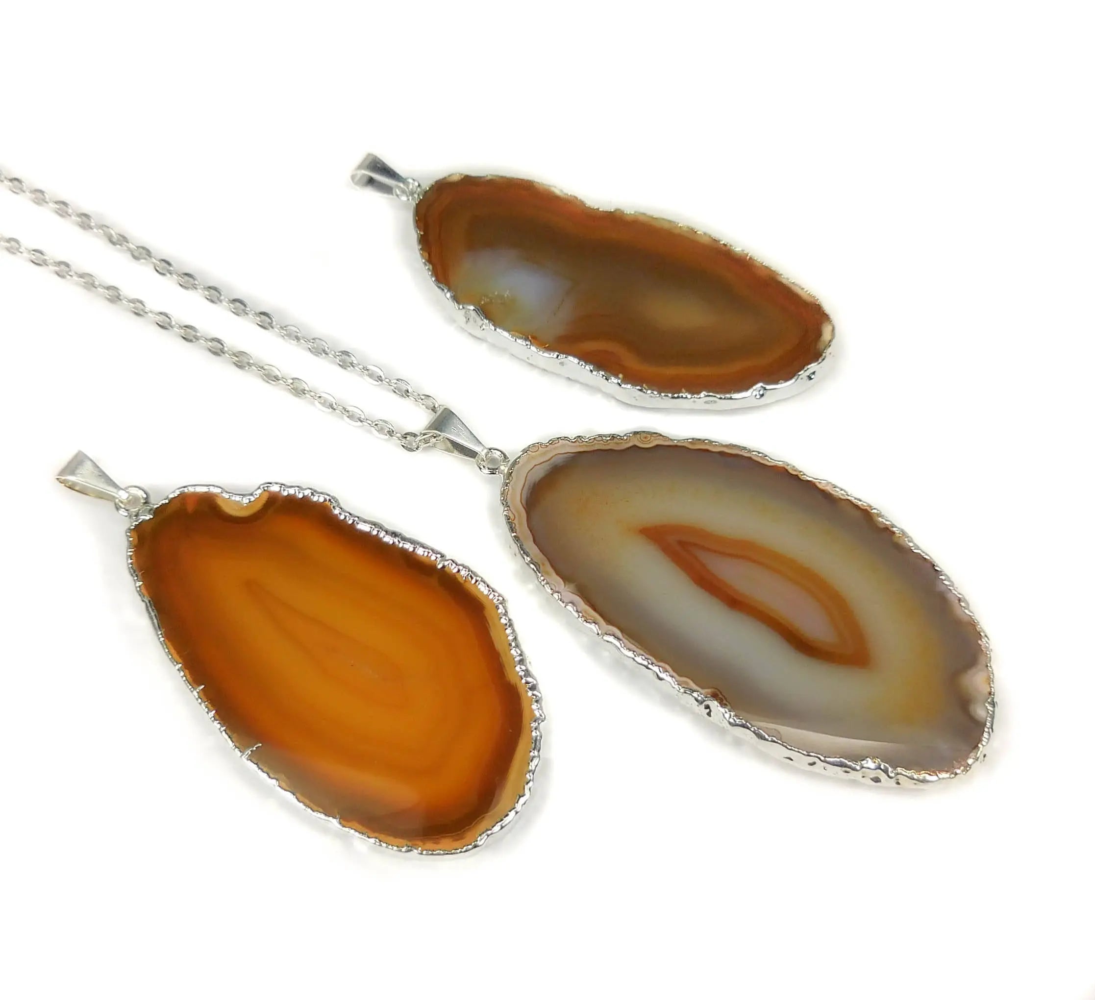 Brown Agate Slice Pendant (Silver Plated Edges) Polished Geode Jewelry | Retail Pendants | Wiccan Center