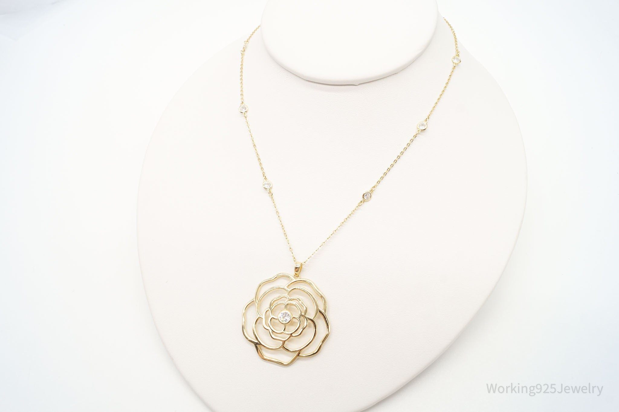 Vintage Cubic Zirconia Gold Vermeil Sterling Silver Flower Necklace 18" | Jewelry > Necklaces > Pendants | Wiccan Center