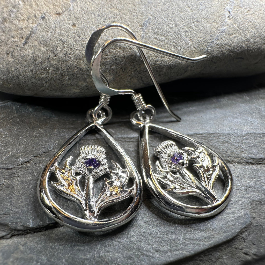 Teardrop Scottish Thistle Amethyst Earrings — Perfect Gift | Post Earrings | Wiccan Center
