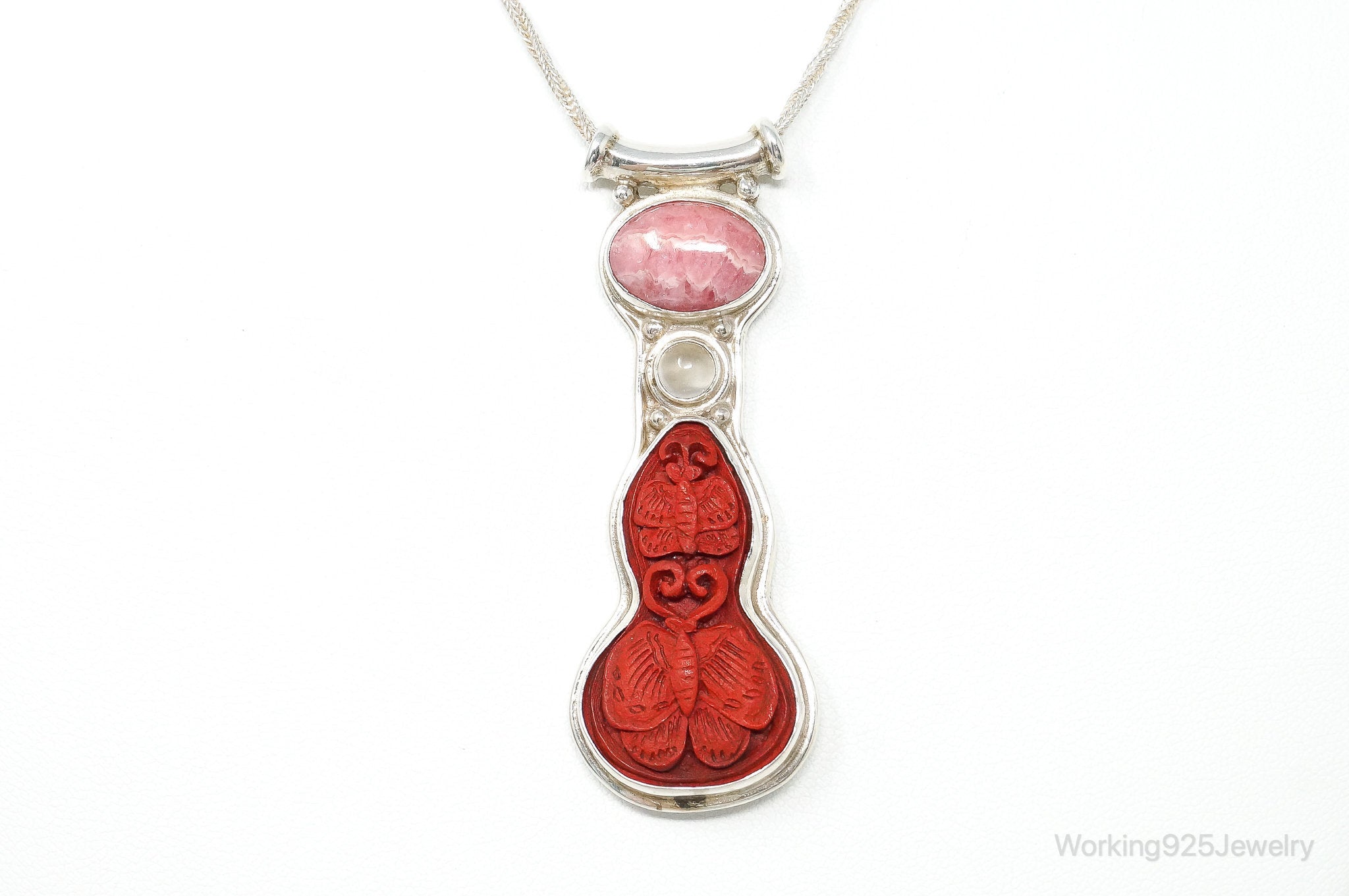 Designer SAJEN Cinnabar Rhodocrosite White Moonstone Sterling Silver Necklace | Jewelry > Necklaces > Pendants | Wiccan Center