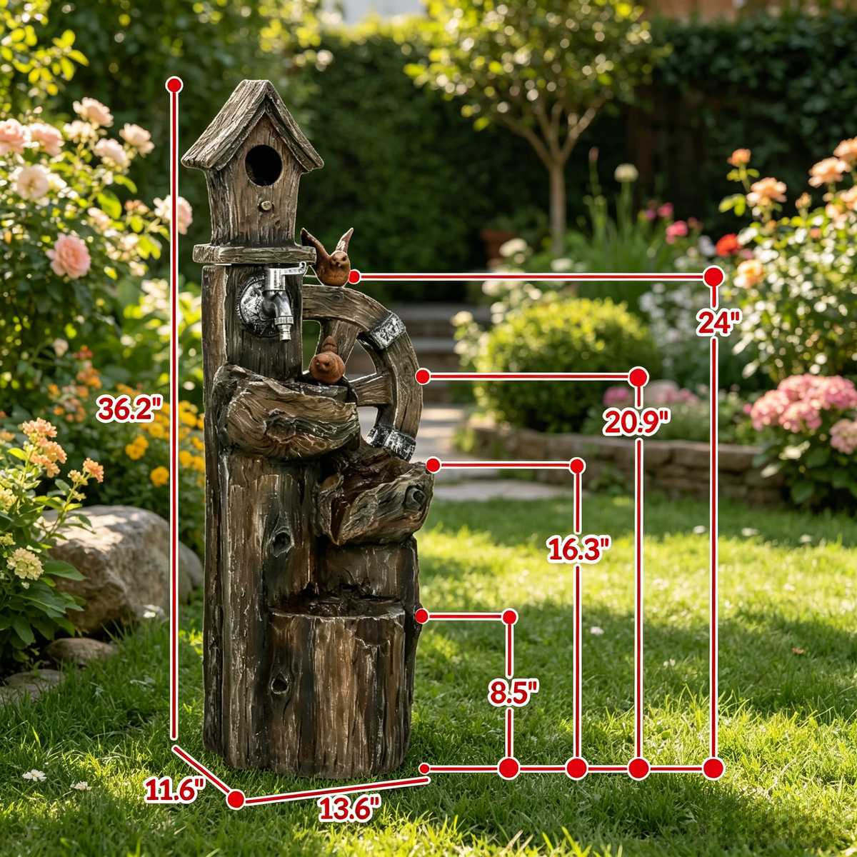 Resin Rustic Outdoor Fountain Birdhouse and Iron Tap
