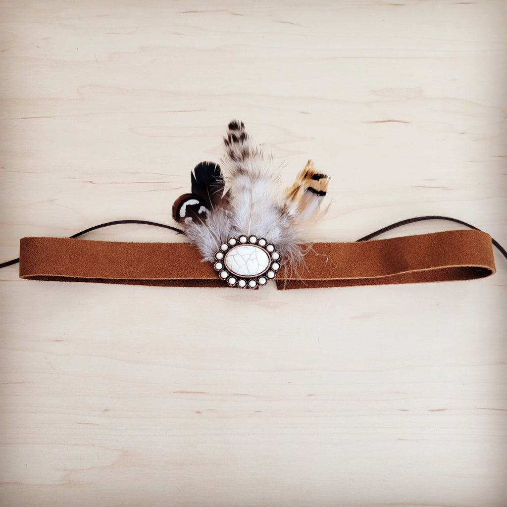 **Genuine Suede Leather Hat Band w/ Stone Pendant & Feathers 954u | Hat Band | Wiccan Center
