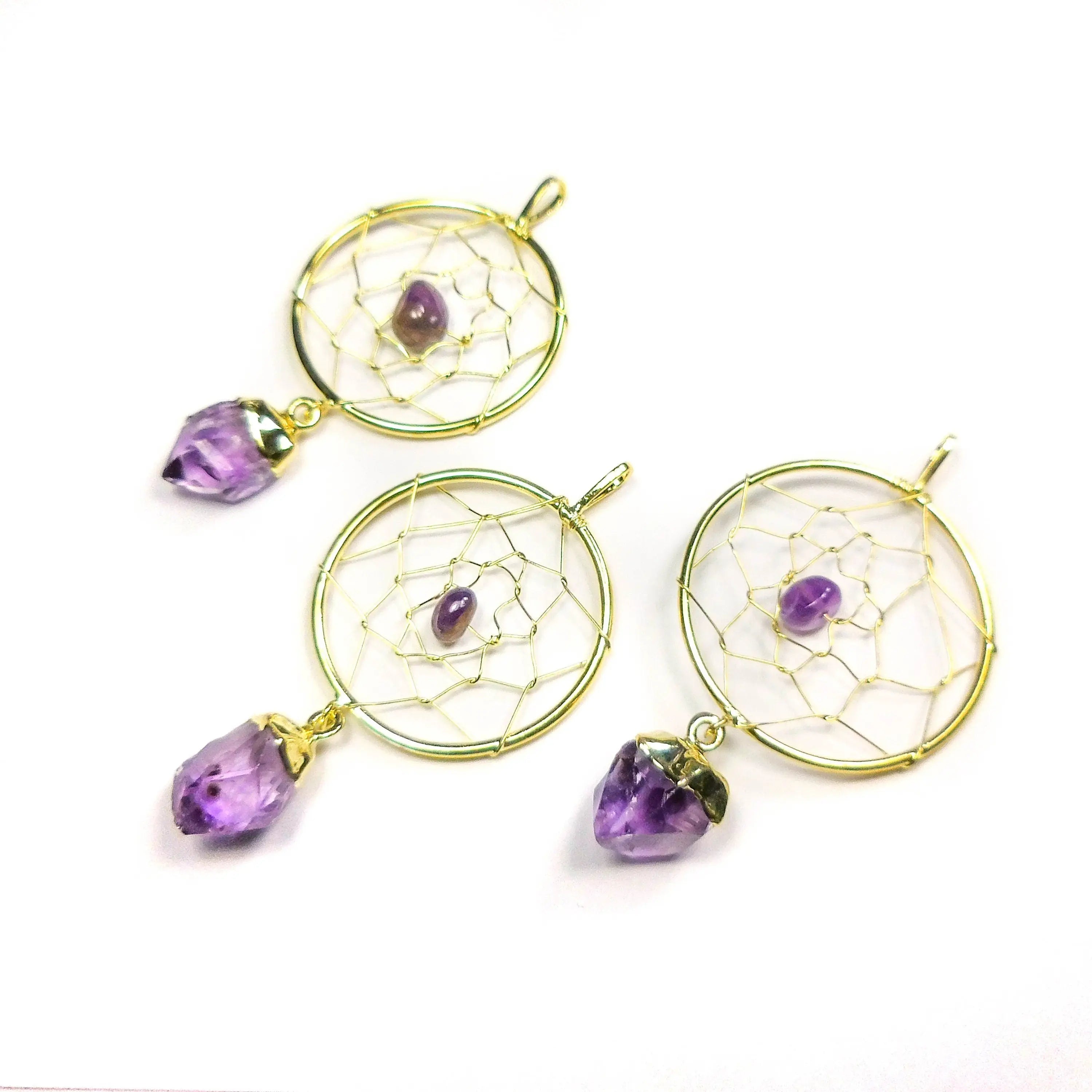 Dreamcatcher Pendant (Amethyst Crystal)(Gold Plated) Gemstone Jewelry Necklace Supply | Craft Supplies & Tools > Beads, Gems & Cabochons > Charms & Pendants > Pendants | Wiccan Center