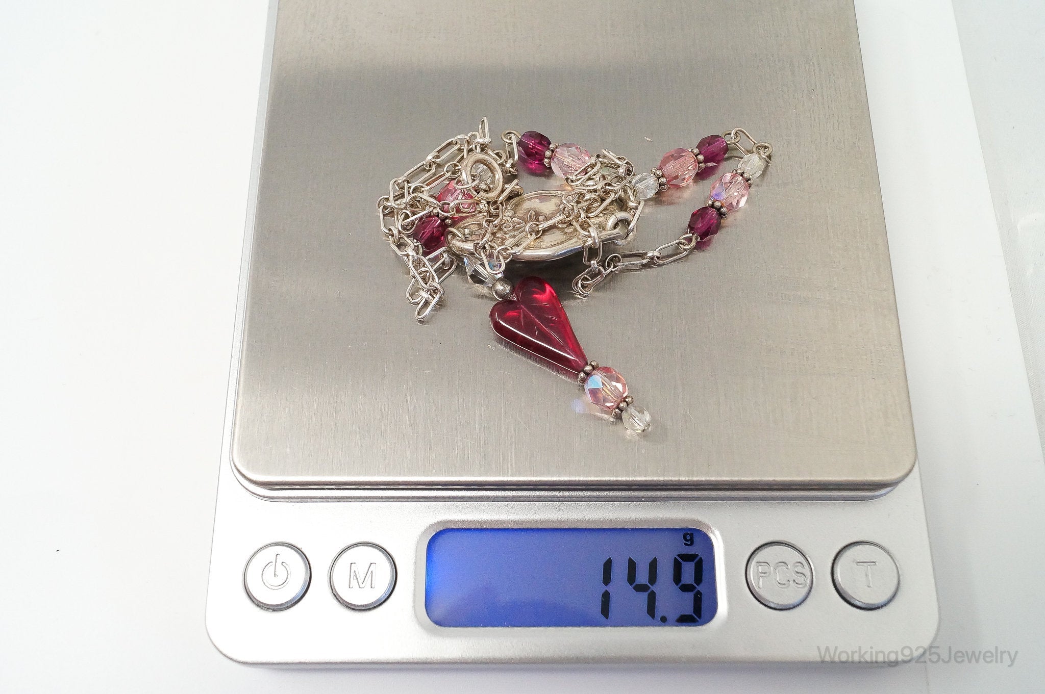 Vintage Floral Spoon Repousse Glass Heart Crystal Sterling Silver Necklace | Jewelry > Necklaces > Pendants | Wiccan Center
